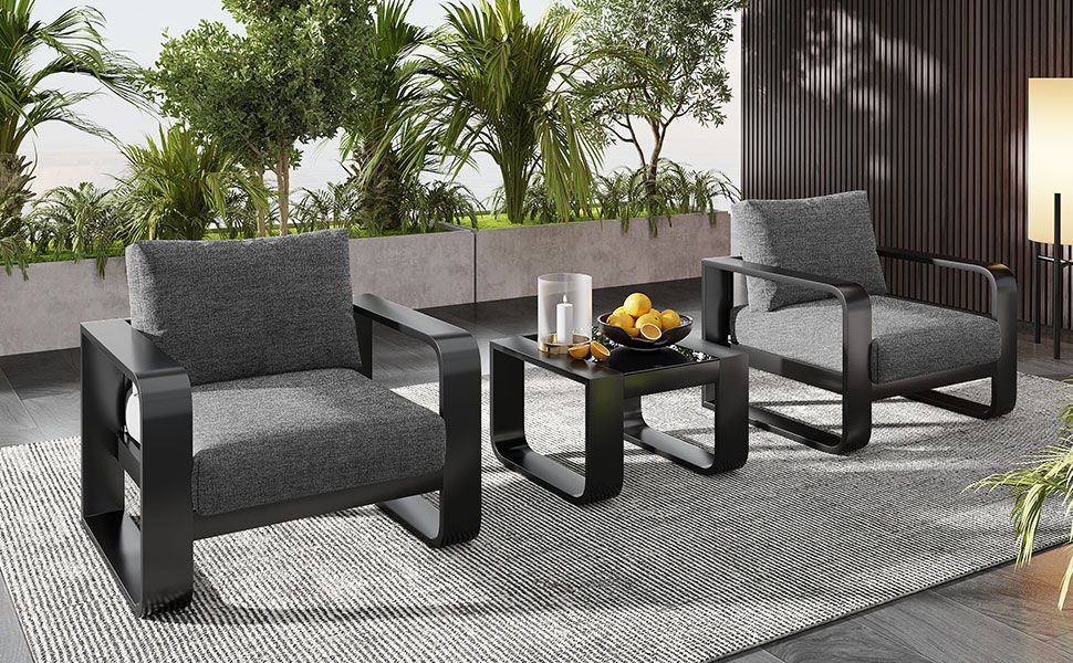 3 Piece Aluminum Frame Patio Furniture With 6.7" Thick Cushion And Coffee Table, All Weather Use Olefin Fabric Outdoor Chair - Gray / Black Hearth and Haven