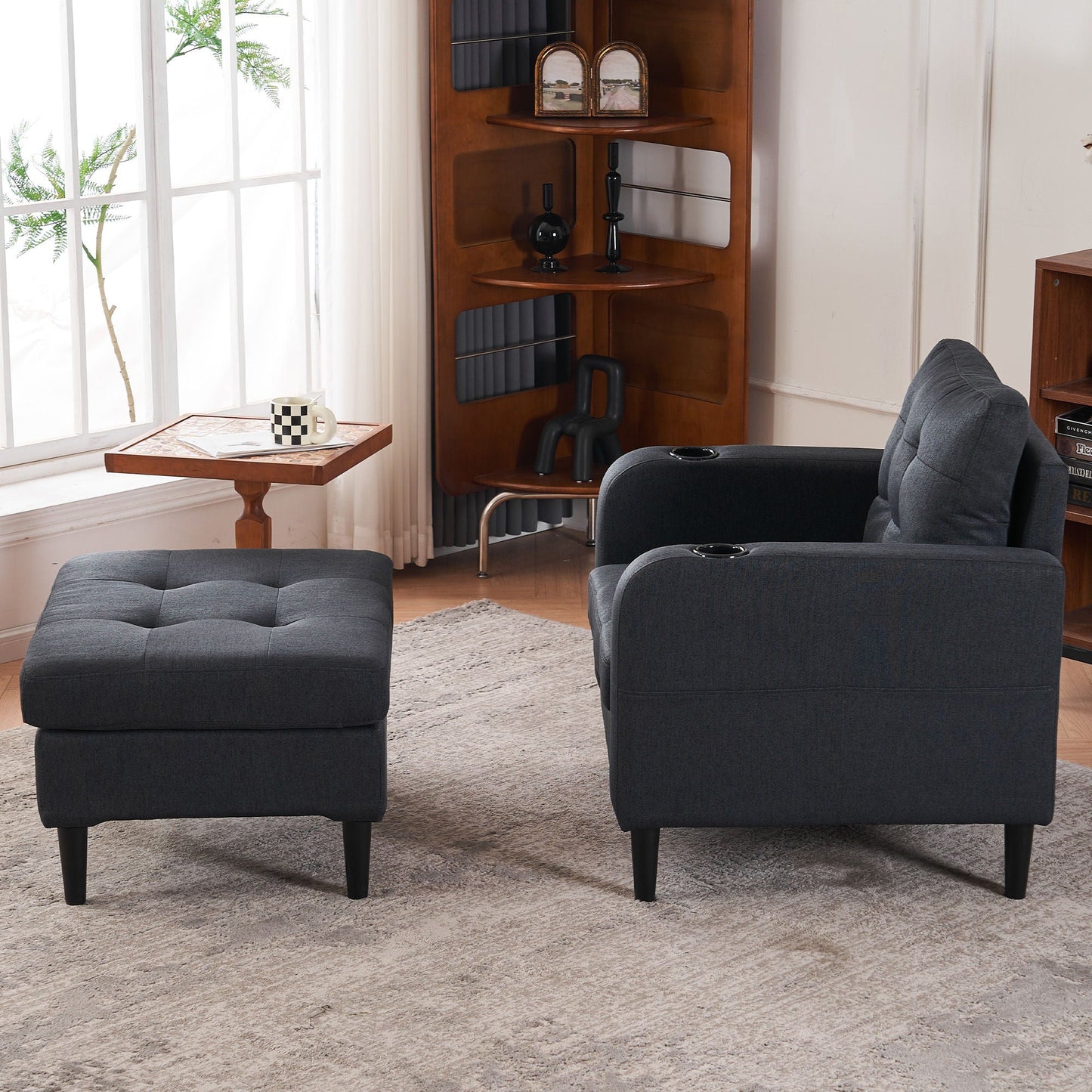 Upholstered Armchair And Storage Ottoman Set, Comfortable Single Sofa With Cup Holders And Tufted Detailing, Ideal For Living Room Or Bedroom Home Essentials