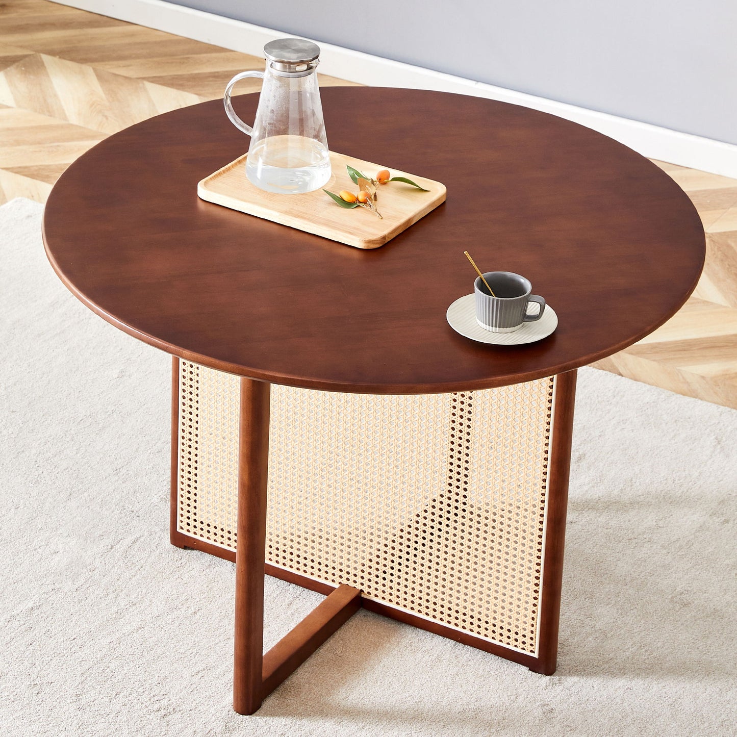Retro Round Table With Imitation Rattan Rubber Wood - Walnut Home Essentials
