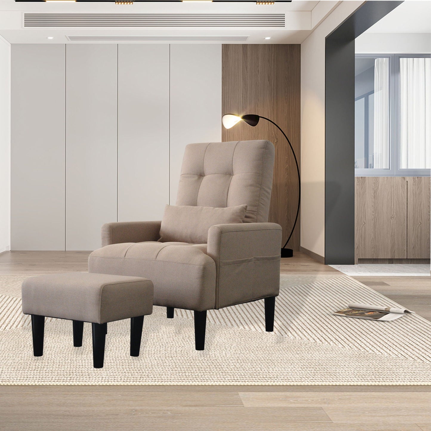 Living Room Sofa Single Chair And Ottoman, Modern Multi-Function Fabric Living Room Sofa Lounge Chair Bed And Stool. Soft Leisure Single Chair Adjustable Into 5 Angles With Sofa Bed Home Essentials