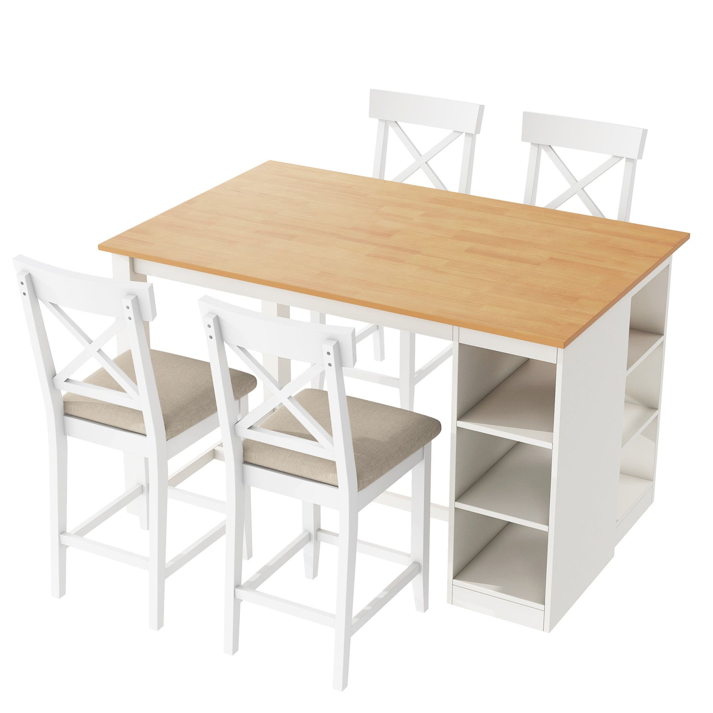 Solid Wood Farmhouse Counter Height Dining Table Set With 3 Tier Storage Shelves Hearth and Haven