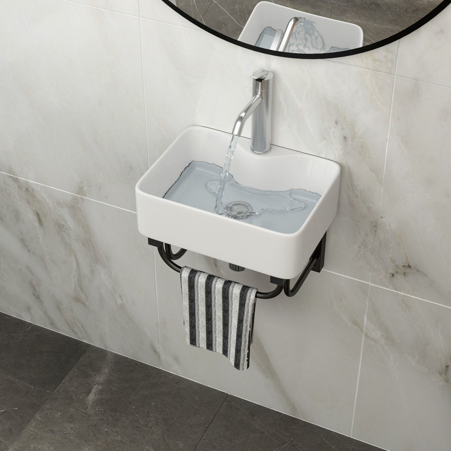 Rectangular Bathroom Sink With Towel Bar & Faucet Hole, Wall Mounted - White Home Essentials