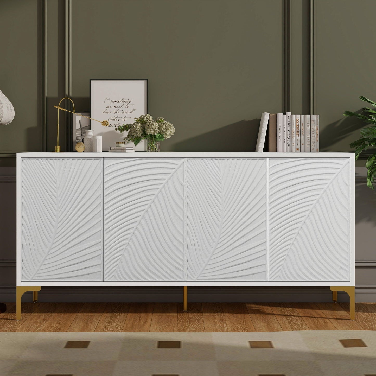 Modern 4 Door Sideboard With Creative Carved Surface And Adjustable Shelves Home Essentials