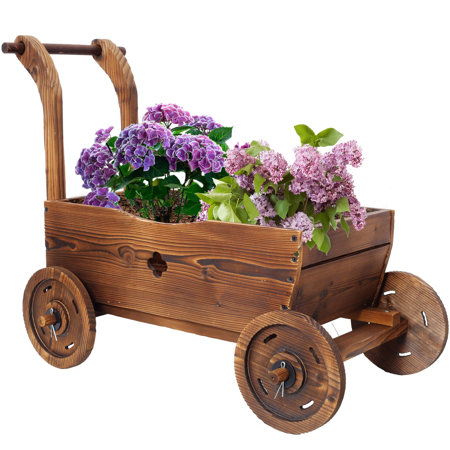 Wooden Wagon Planter Box Mobile Garden Planter With Wheels Handle Drain Hole Wood - Brown Daily Nest