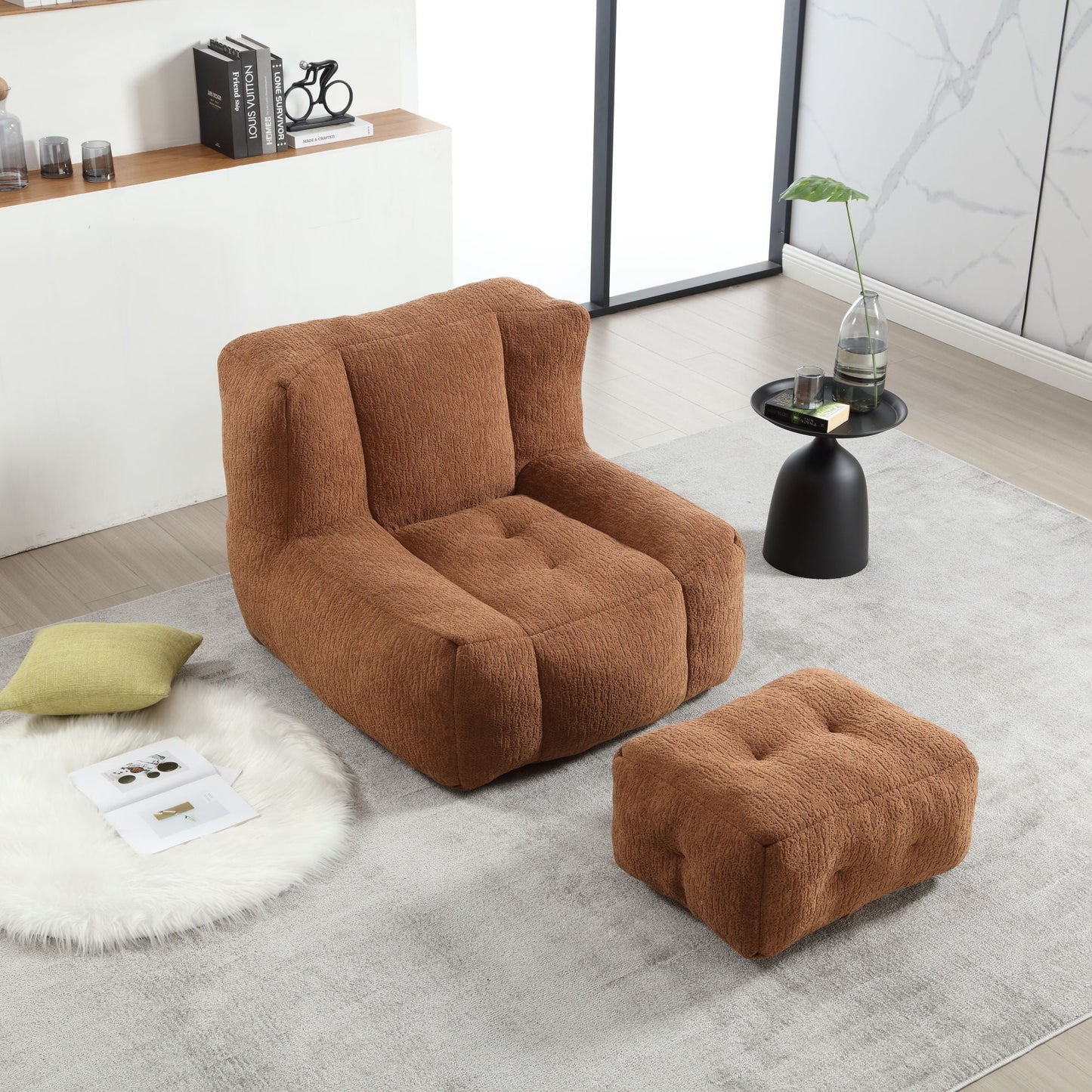 Modern Indoor Fluffy Bean Bag Chair With Memory Foam And Ottoman, Super Soft Home Essentials