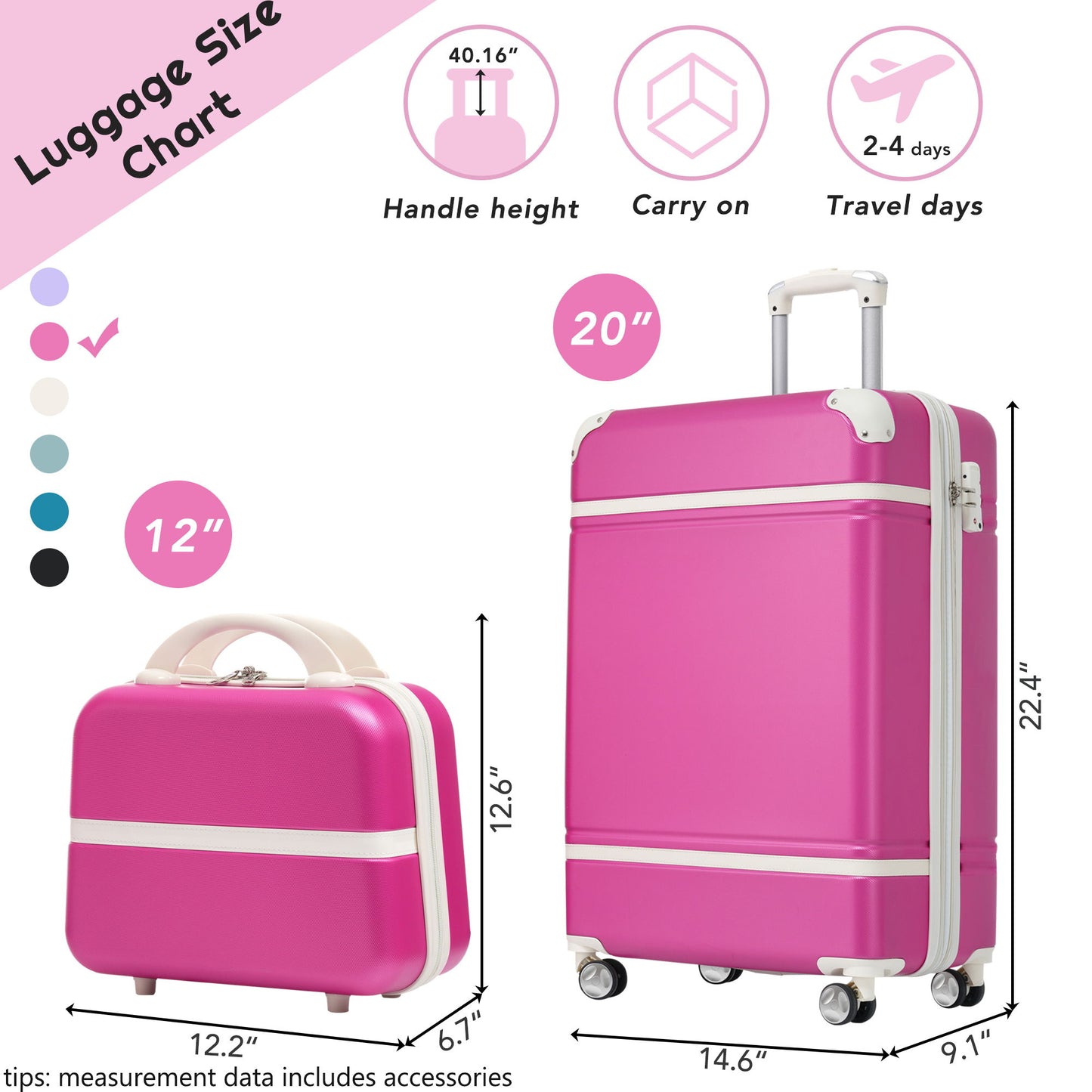 20" Hardside Luggage With Cosmetic Case, 2 Piece Lightweight Suitcase Set With Spinner Wheels, Carry On Vintage Luggage Daily Nest