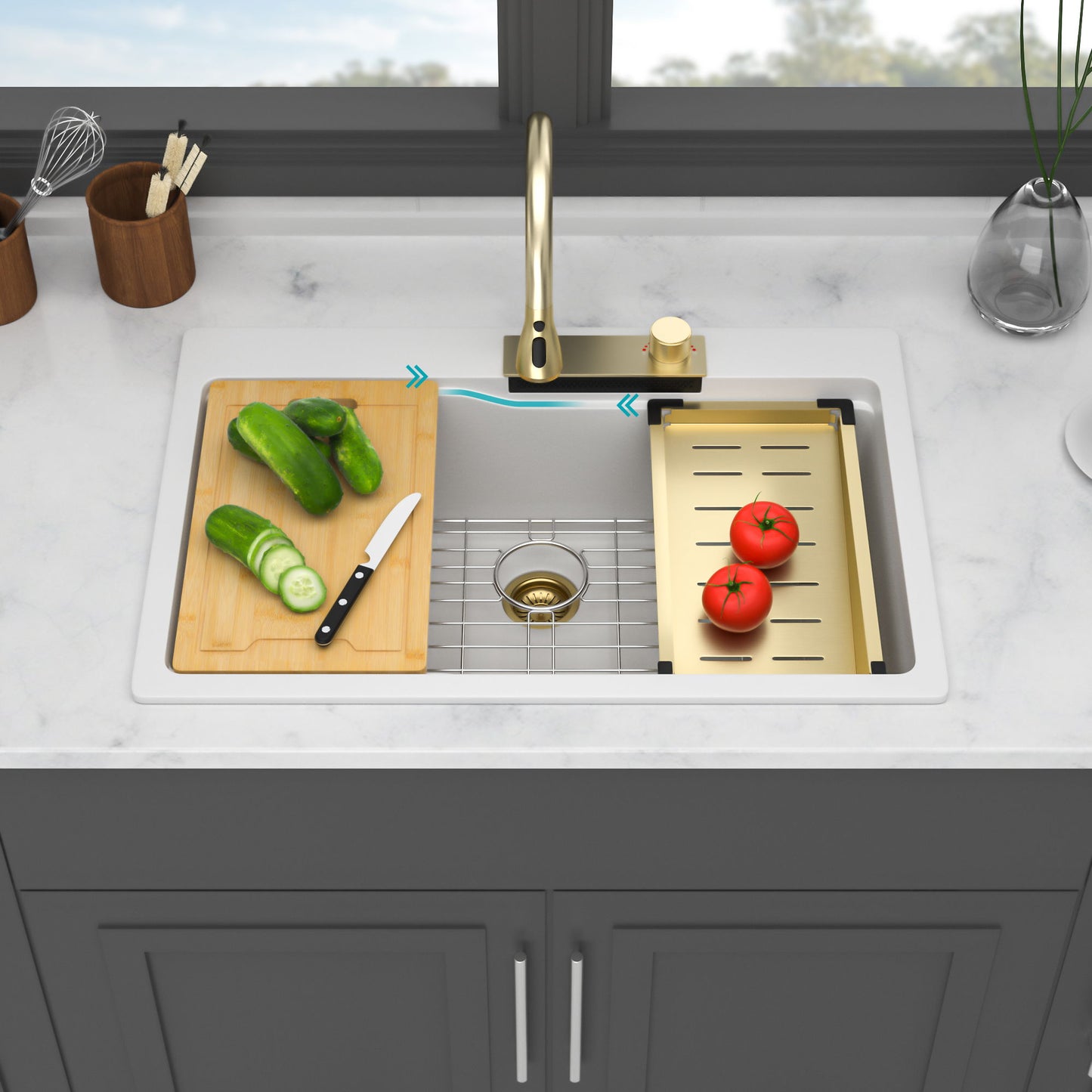 Waterfall Kitchen Sink With Pull Out Faucet & Cup Washer Daily Nest