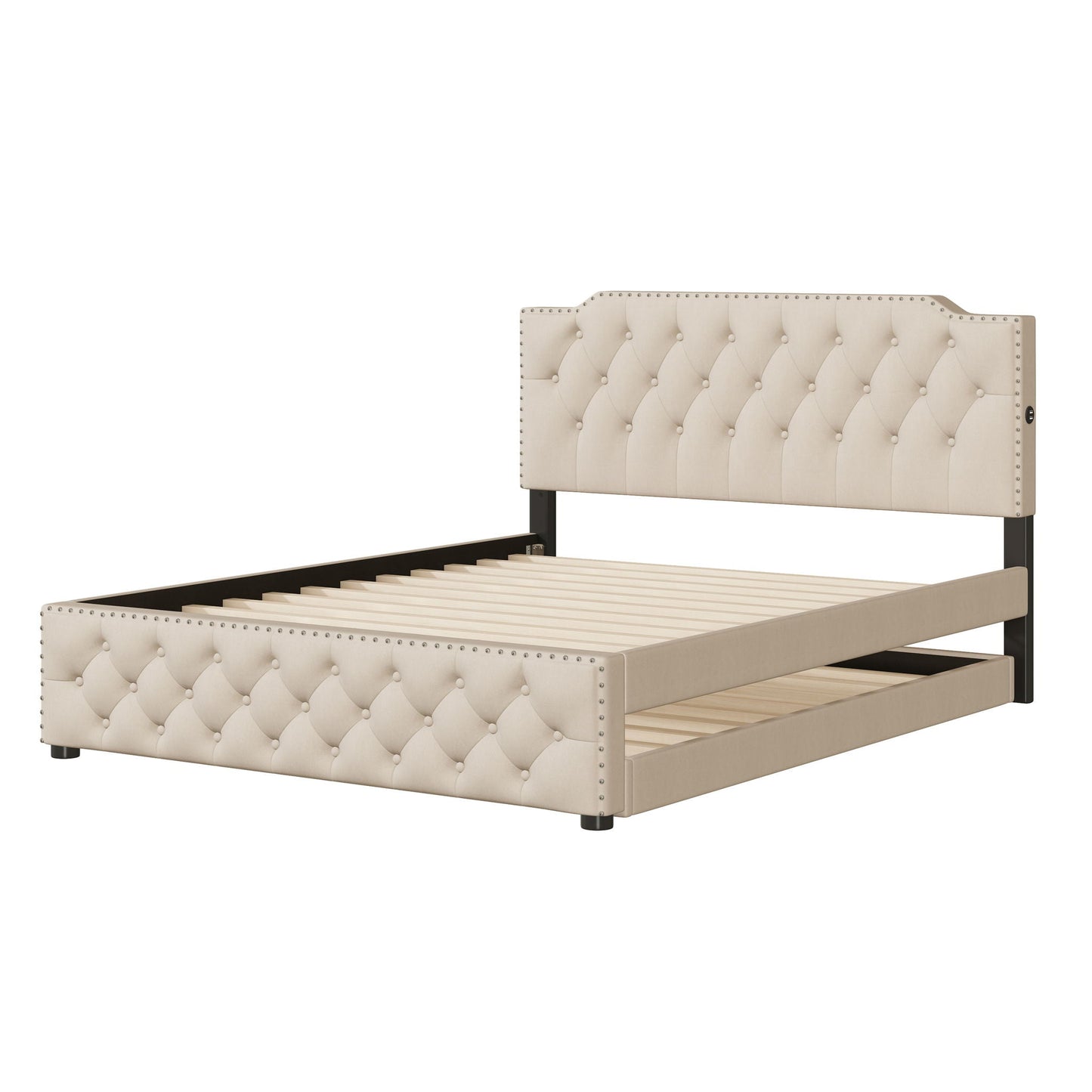 Upholstered Platform Bed With Trundle And 2 Sets Of USB Ports On Each Side, Linen Fabric Halcyon Home