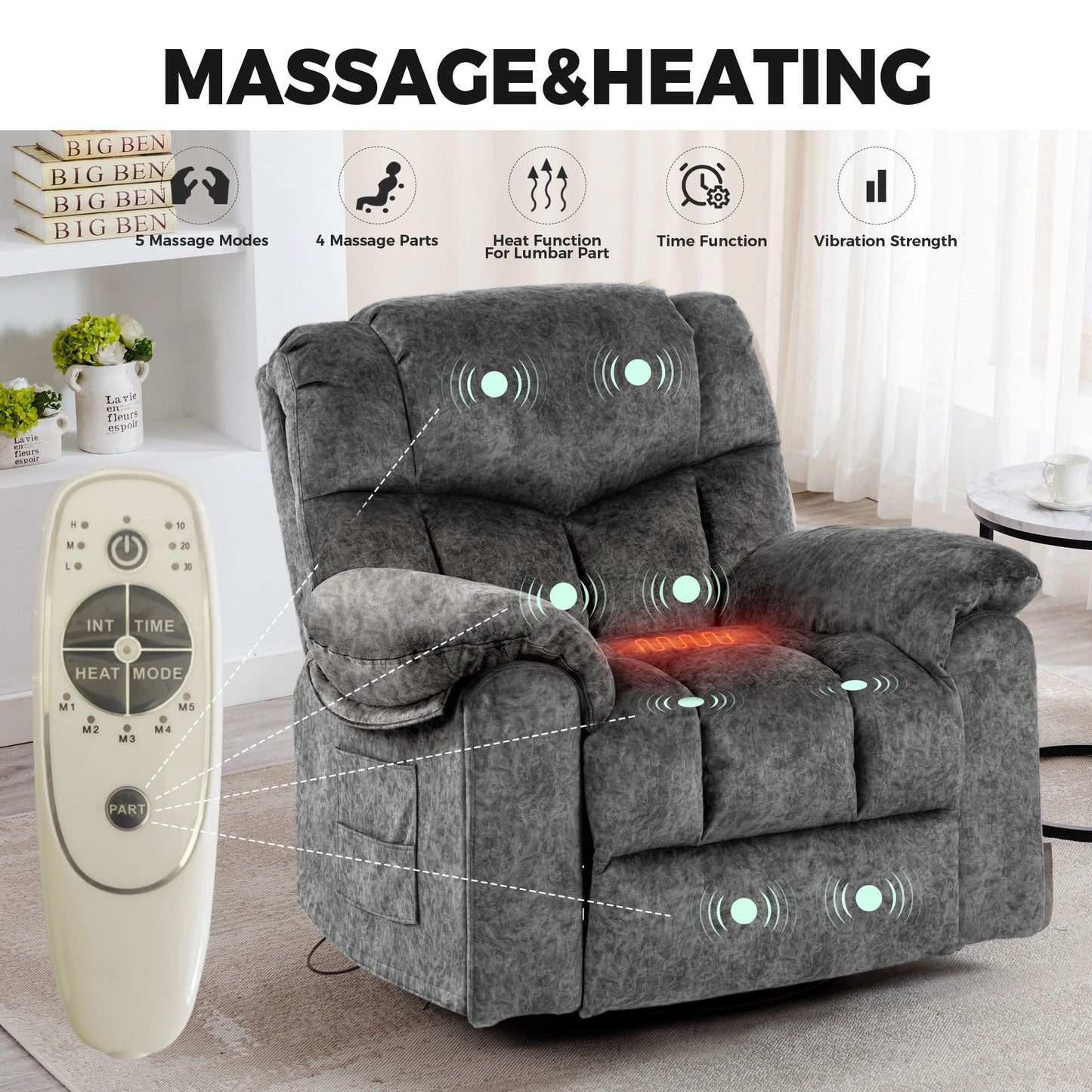 Swivel And Rocking Recliner Chair With Massage And Heating Home Essentials