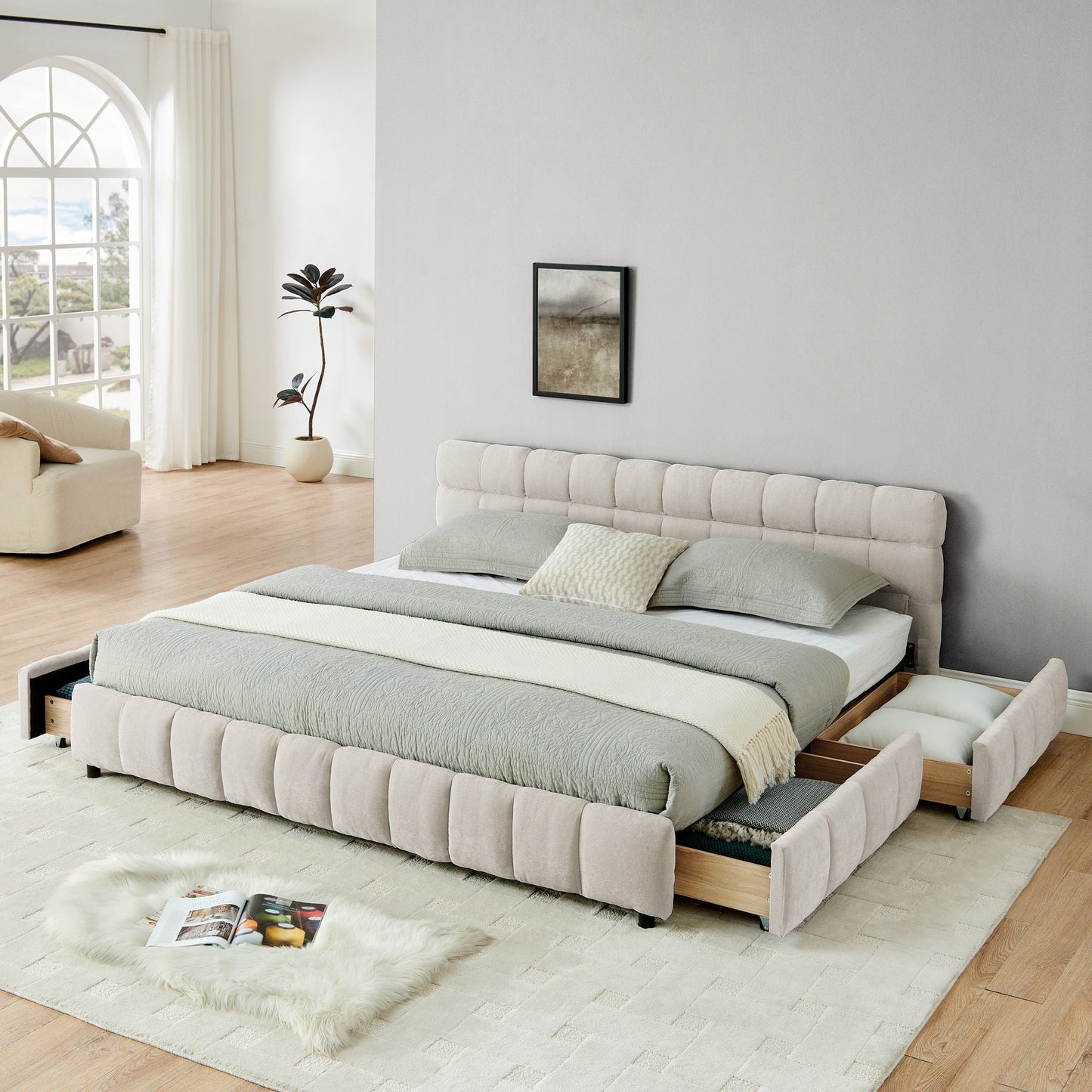 Modern Platform Bed Frame With Thick Chenille Fabric Home Essentials