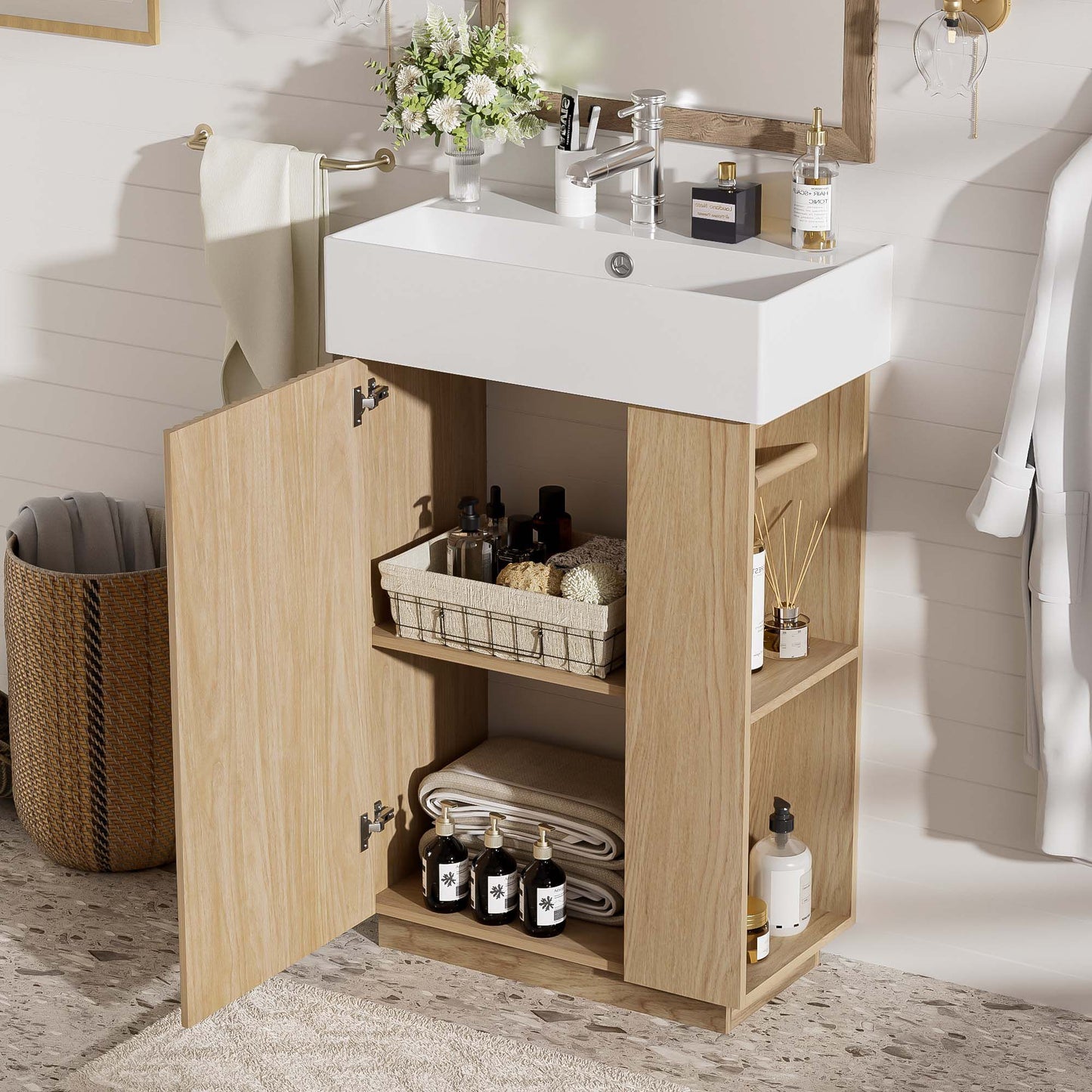 Bathroom Vanity With Sink, Freestanding Wood Grain Cabinet With Storage Hearth and Haven