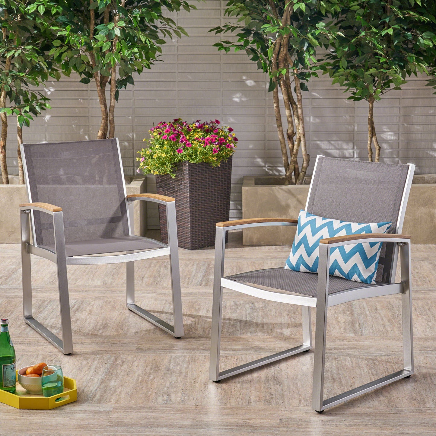 Poetic - Outdoor Dining Chair With Faux Wood Arms And Aluminum Frame (Set of 2) - Gray Noble House