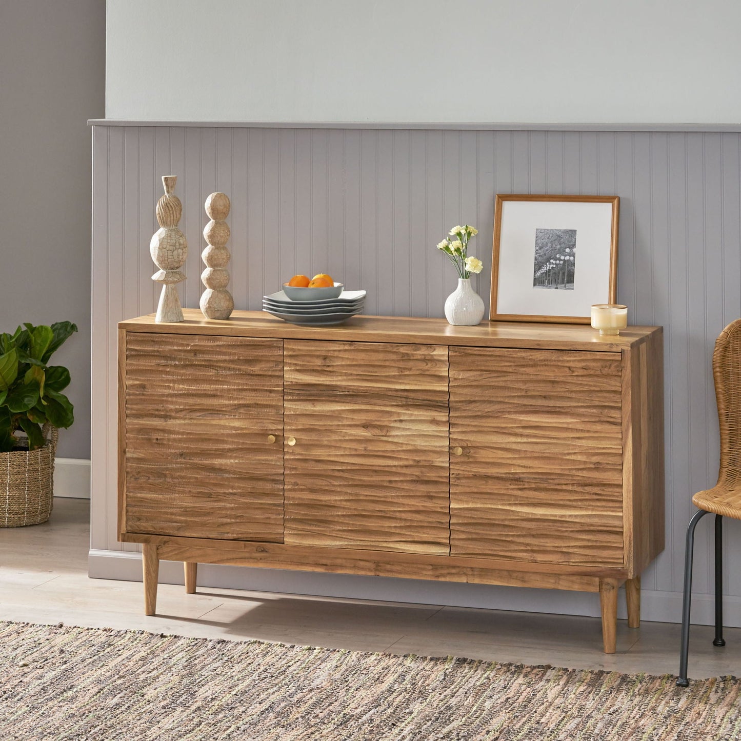 Boho Handcrafted 3 Door Sideboard, Carved Texture & Artisanal Charm - Natural Noble House
