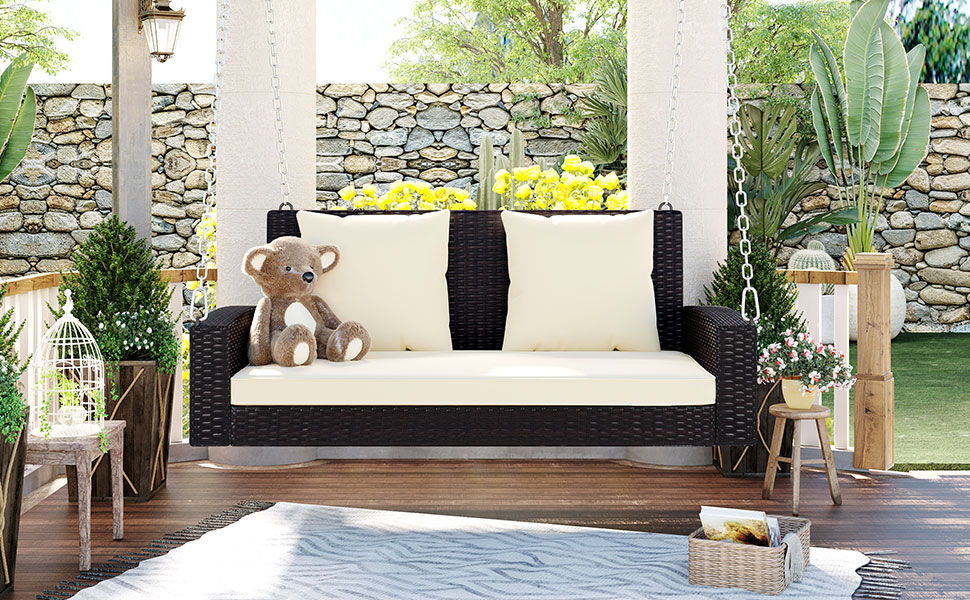 2 Person Wicker Hanging Porch Swing With Chains, Cushion, Pillow, Rattan Swing Bench For Garden, Backyard Hearth and Haven