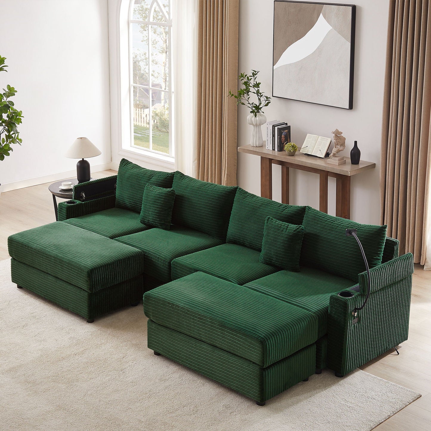 Modern Style Loveseat Sofa Sectional Sofa Couch With Storage Space, A Movable Ottoman, Two USB Ports, Two Cup Holders, A Phone Holder For Living Room Hearth and Haven