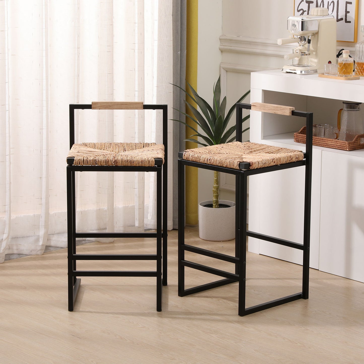Water Hyacinth Woven Bar Stools With Back Support, Counter Height Dining Chairs (Set of 2) - Natural Home Essentials