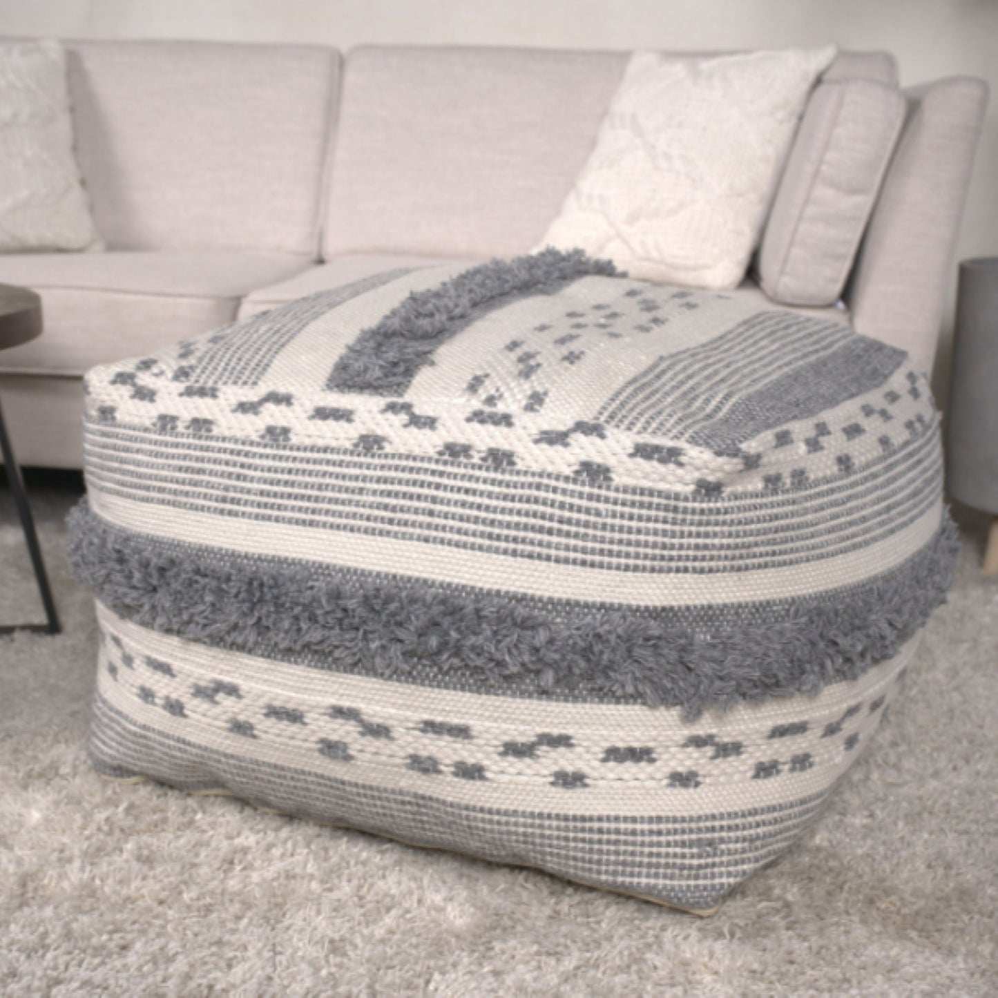 Karim - Faux Yarn Large Pouf, Durable - Ivory / Gray Home Essentials