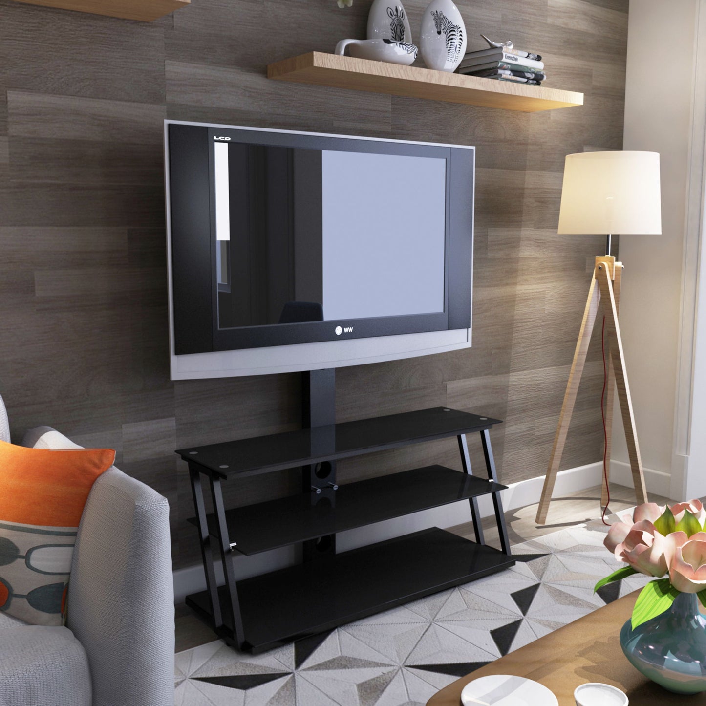 Multi-Function Angle And Height Adjustable Tempered Glass TV Stand - Black Home Essentials