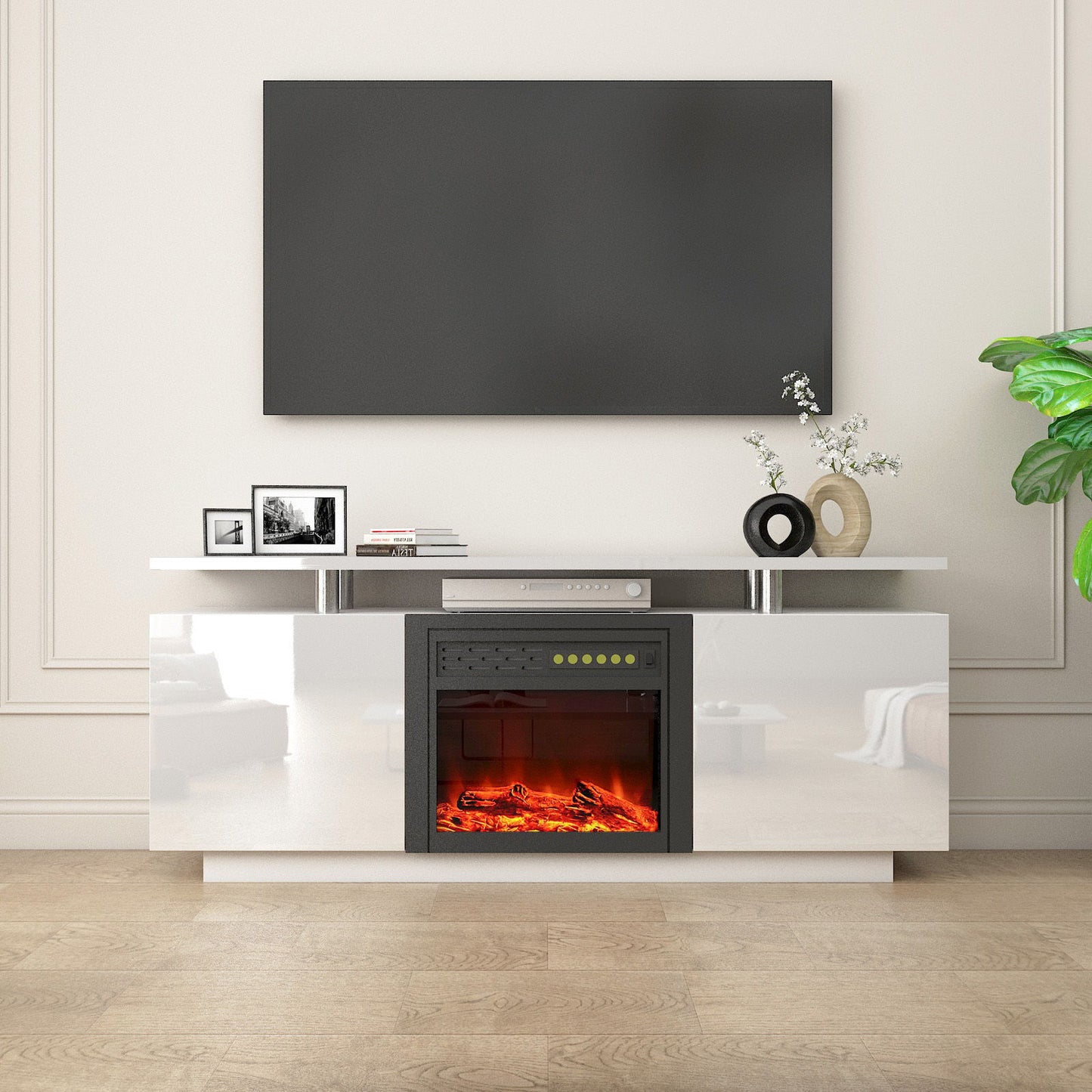 TV Cabinet, TV Unit With Fireplace, Have Heat And Flame Color Changes - White Home Essentials