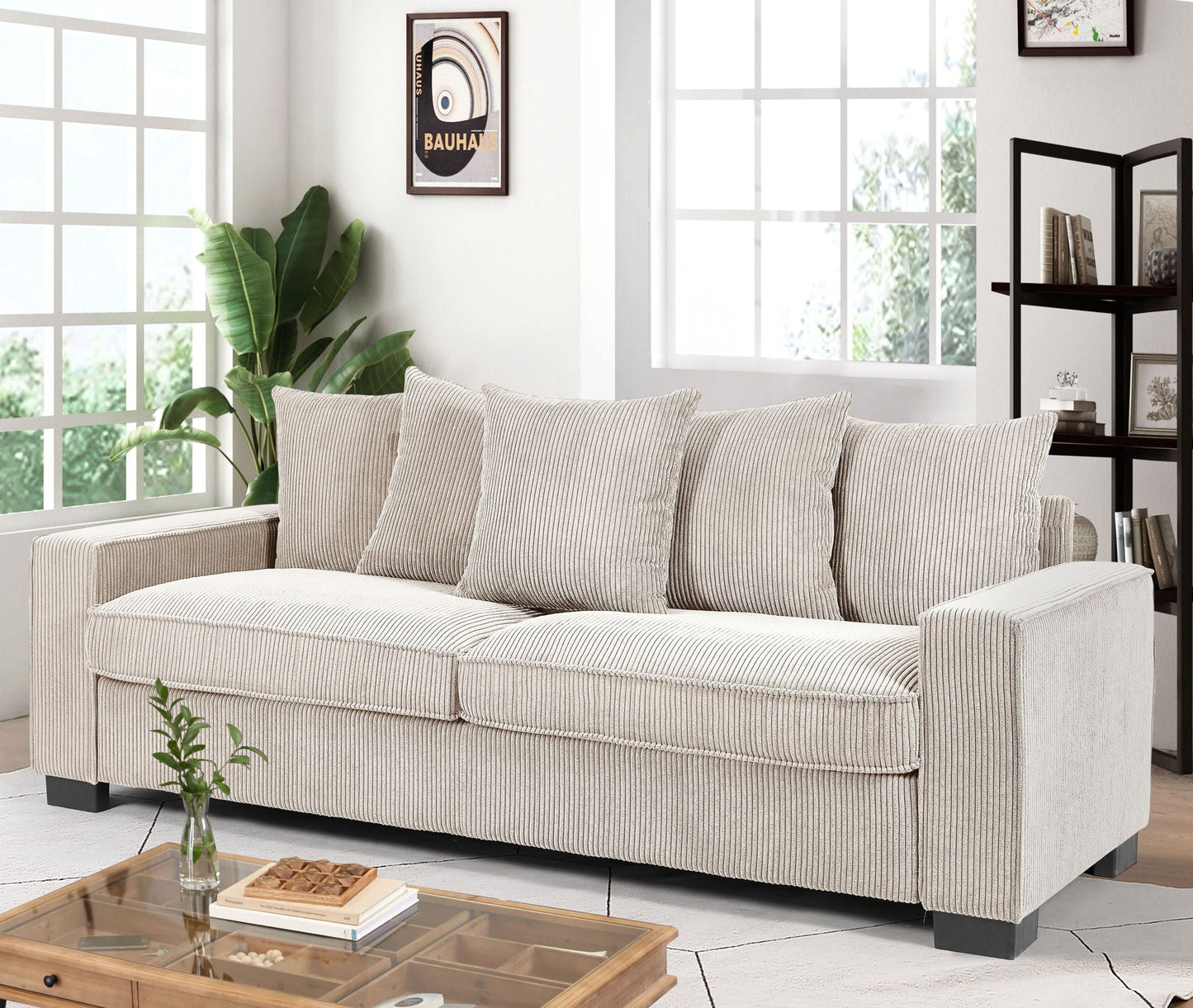Luxe Corduroy Sofa With 5 Matching Toss Pillows, Sleek Design, Spacious And Comfortable 3 Seater Couch US Pride