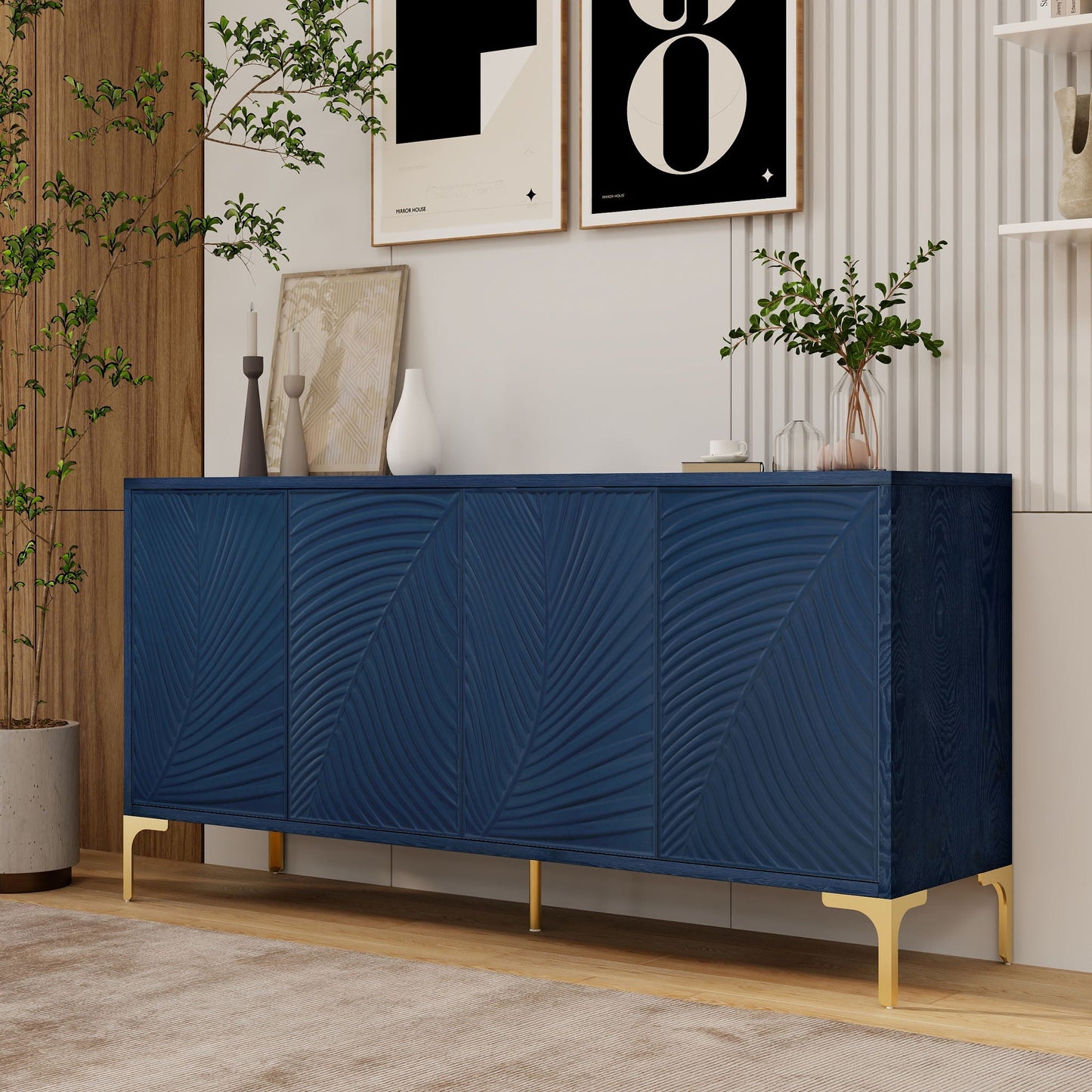 Modern 4 Door Sideboard With Creative Carved Surface And Adjustable Shelves Home Essentials