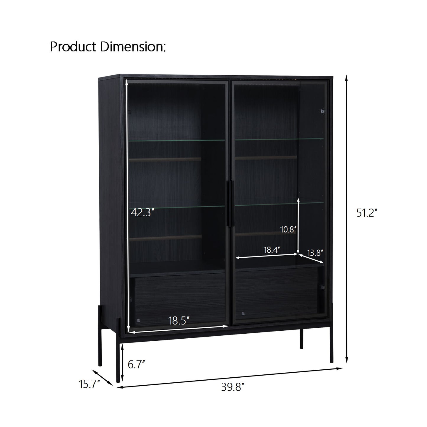 Modern Minimalist Style LED Curio Cabinet With Tempered Glass Door, Metal Legs Hearth and Haven