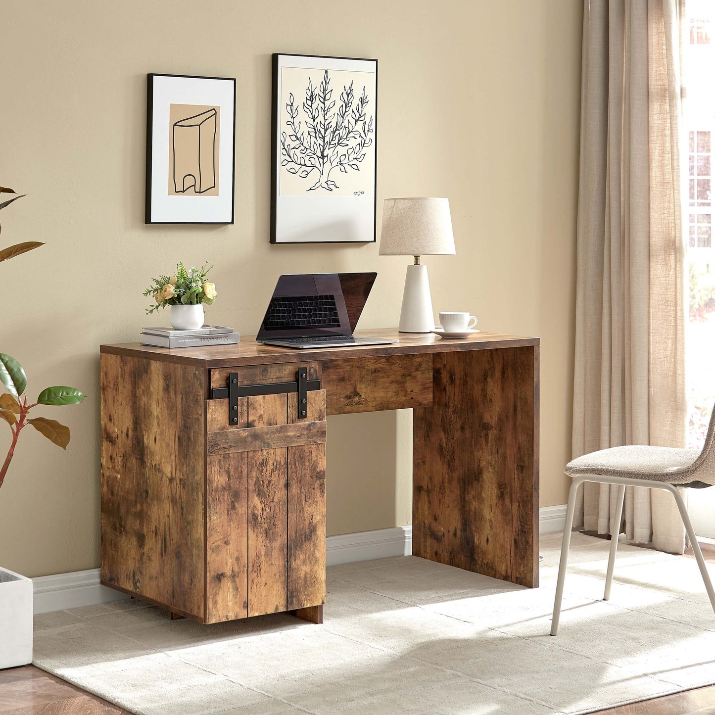 Home Office Desk One Cabinet Three Shelves Faux Barn Door On Metal Euro Hinges Modesty Panel - Distressed Wood Home Essentials