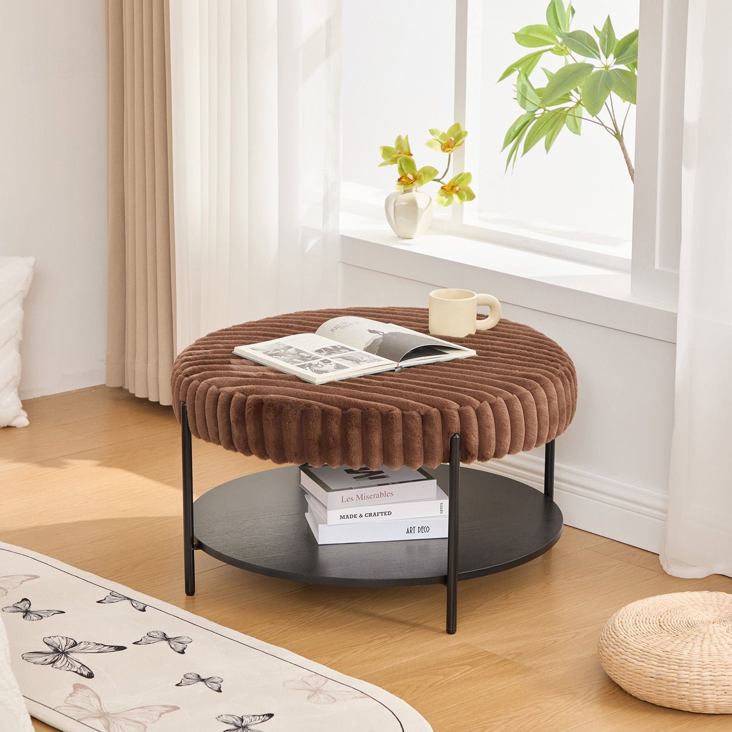 Modern Upholstered Round Ottoman Coffee Table With Storage Shelf Home Essentials