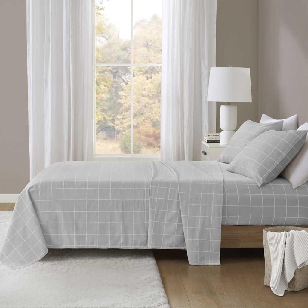 Oversized Cotton Flannel - 4 Piece Queen Sheet Set - Gray Windowpane Beautyrest