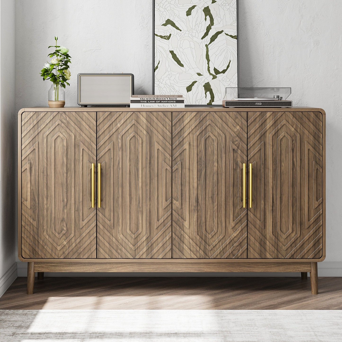 Sideboard Buffet Cabinet With Carved Doors And Adjustable Layer Board Home Essentials