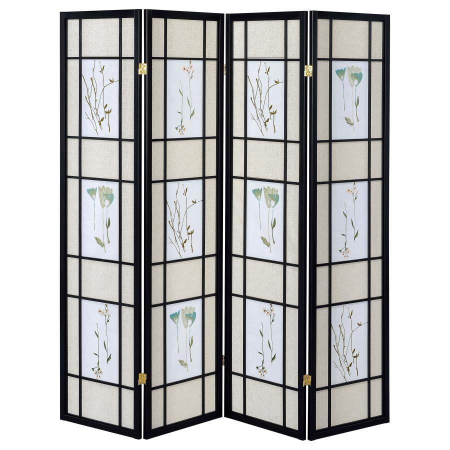Catabella - 4-Panel Room Divider Folding Shoji Screen Floral - Black CoasterEveryday