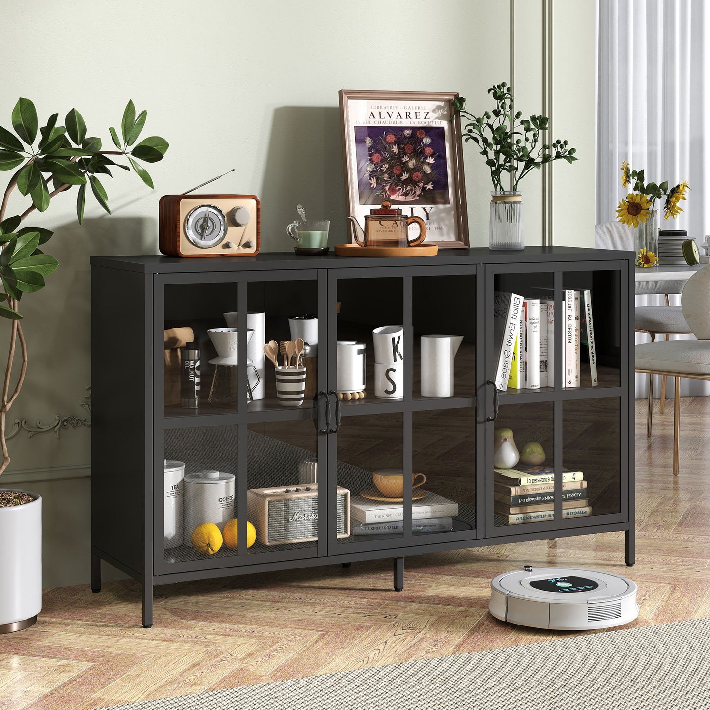 Modern Heavy Duty Metal Sideboard Buffet Cabinet With Storage, Adjustable Feet, Glass Doors, Steel - Black Home Essentials