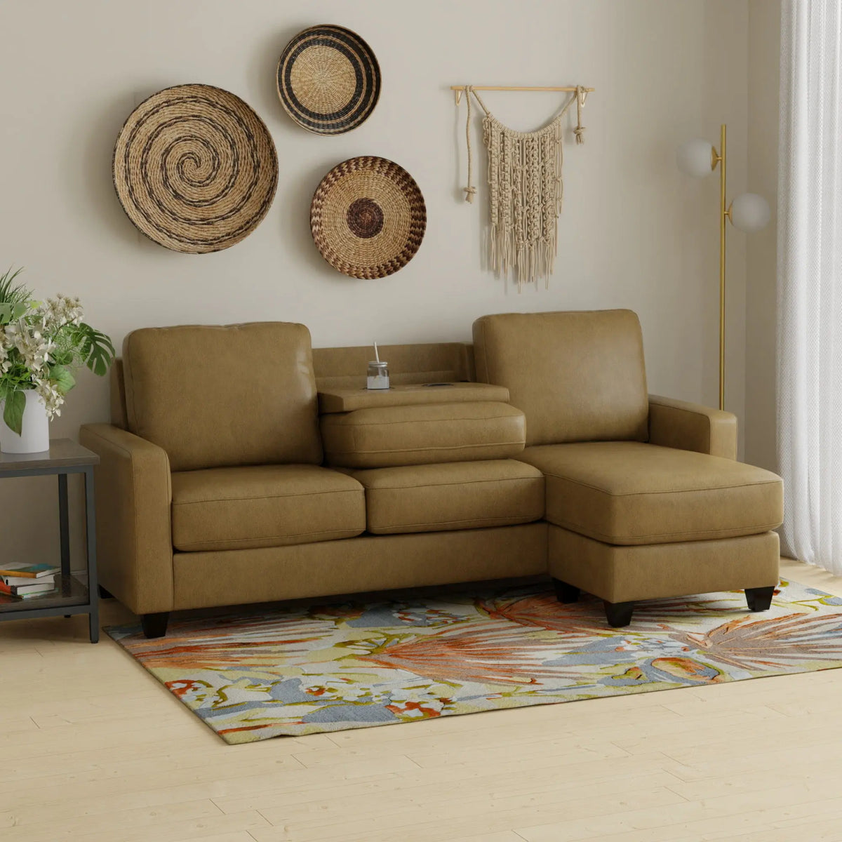2 Piece Sofa With Chaise, Comfortable Seating For 3, Tapered Feet, USB Charging Console - Brown Emerald Home