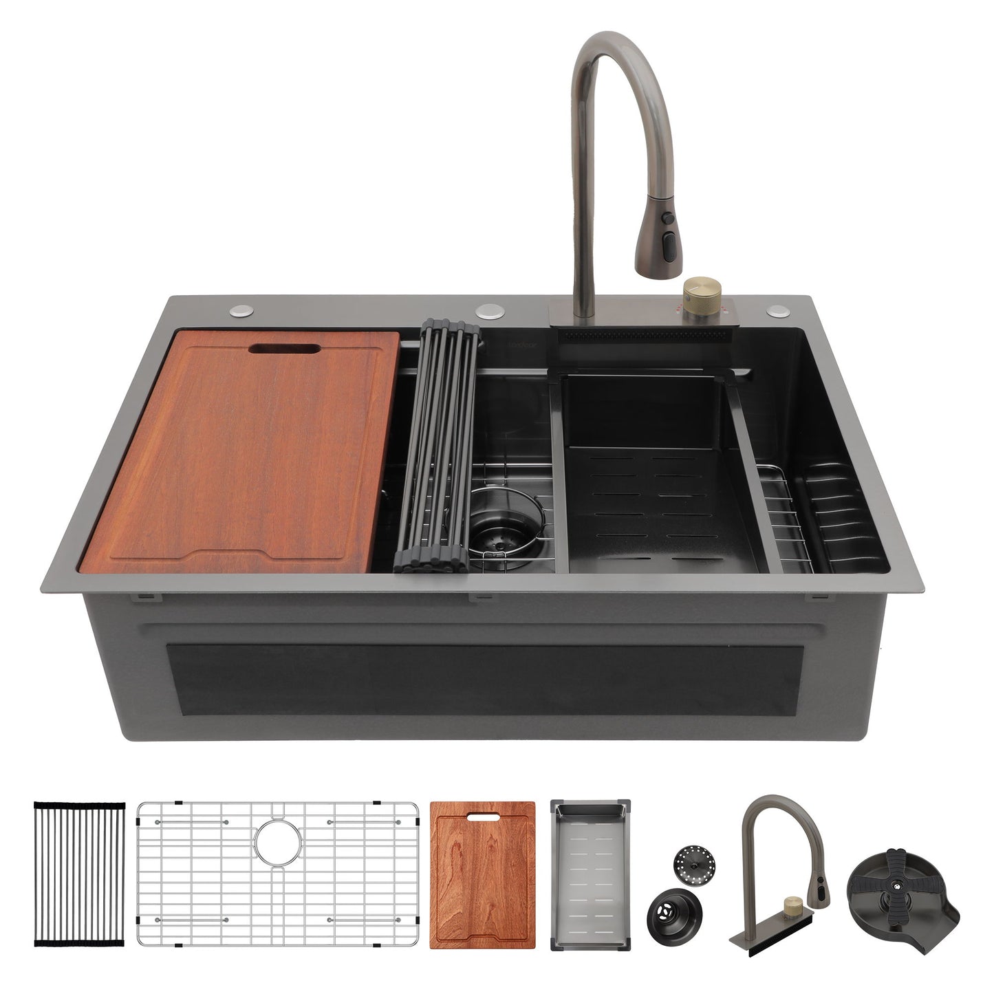 Waterfall Kitchen Sink With Pull Out Faucet & Cup Washer Daily Nest
