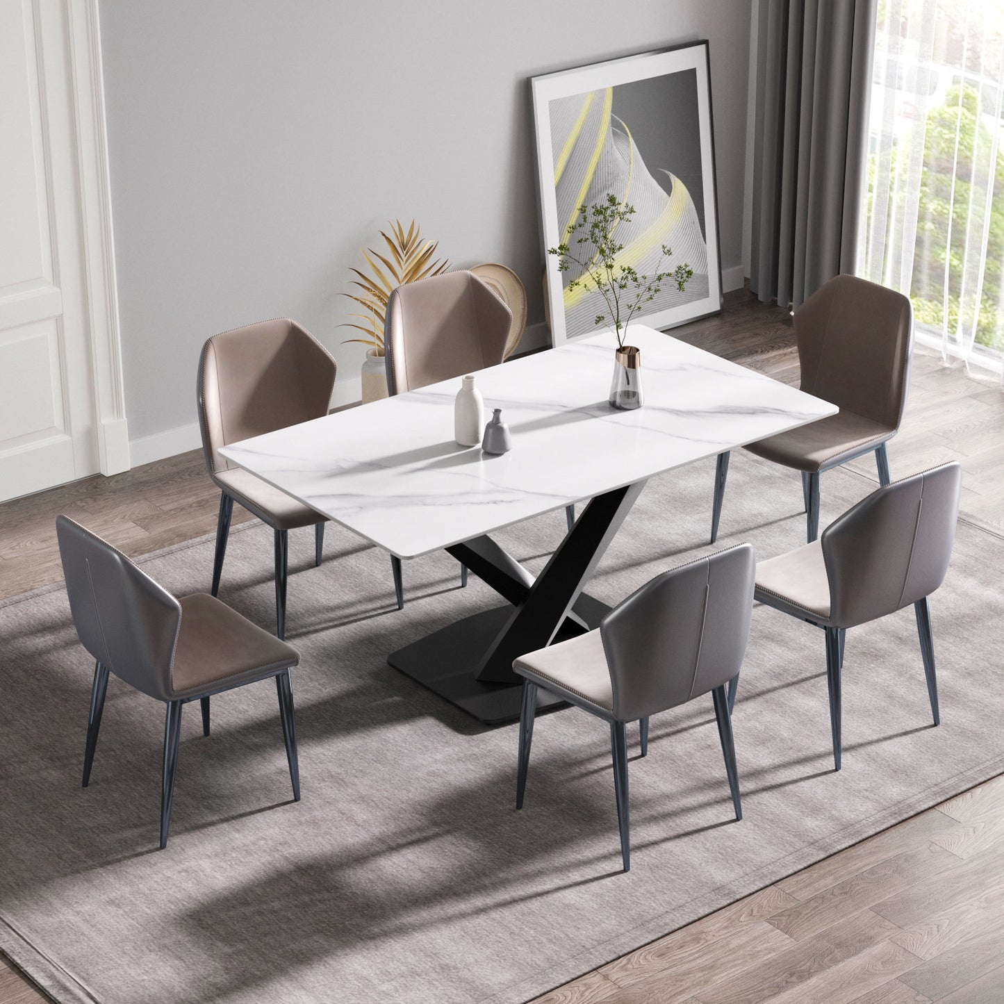 63" Modern Artificial Stone Straight Edge Metal X-Leg Dining Table, 6 People - White / Black Home Essentials
