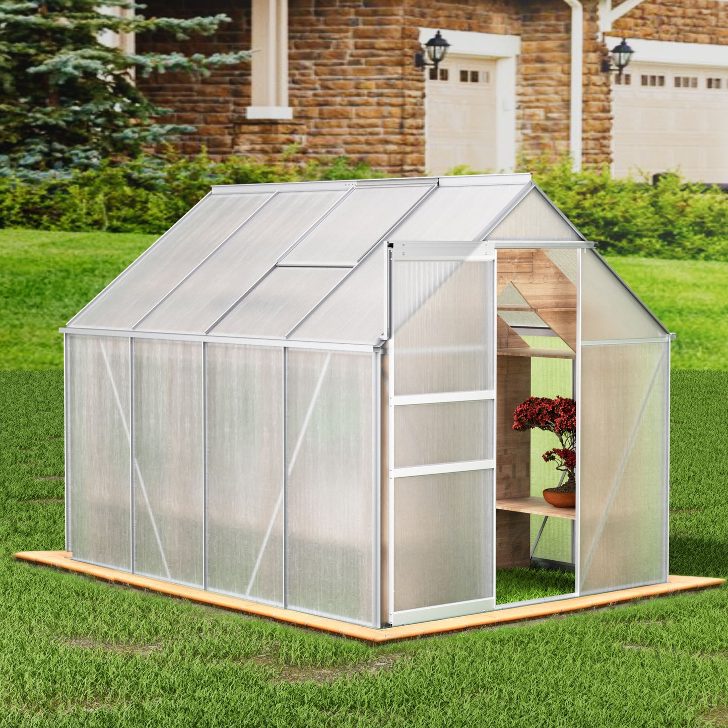 Walk-In Polycarbonate Greenhouse & Roof Vent, Sliding Doors, Aluminum Hobby Hot House For Outdoor Daily Nest