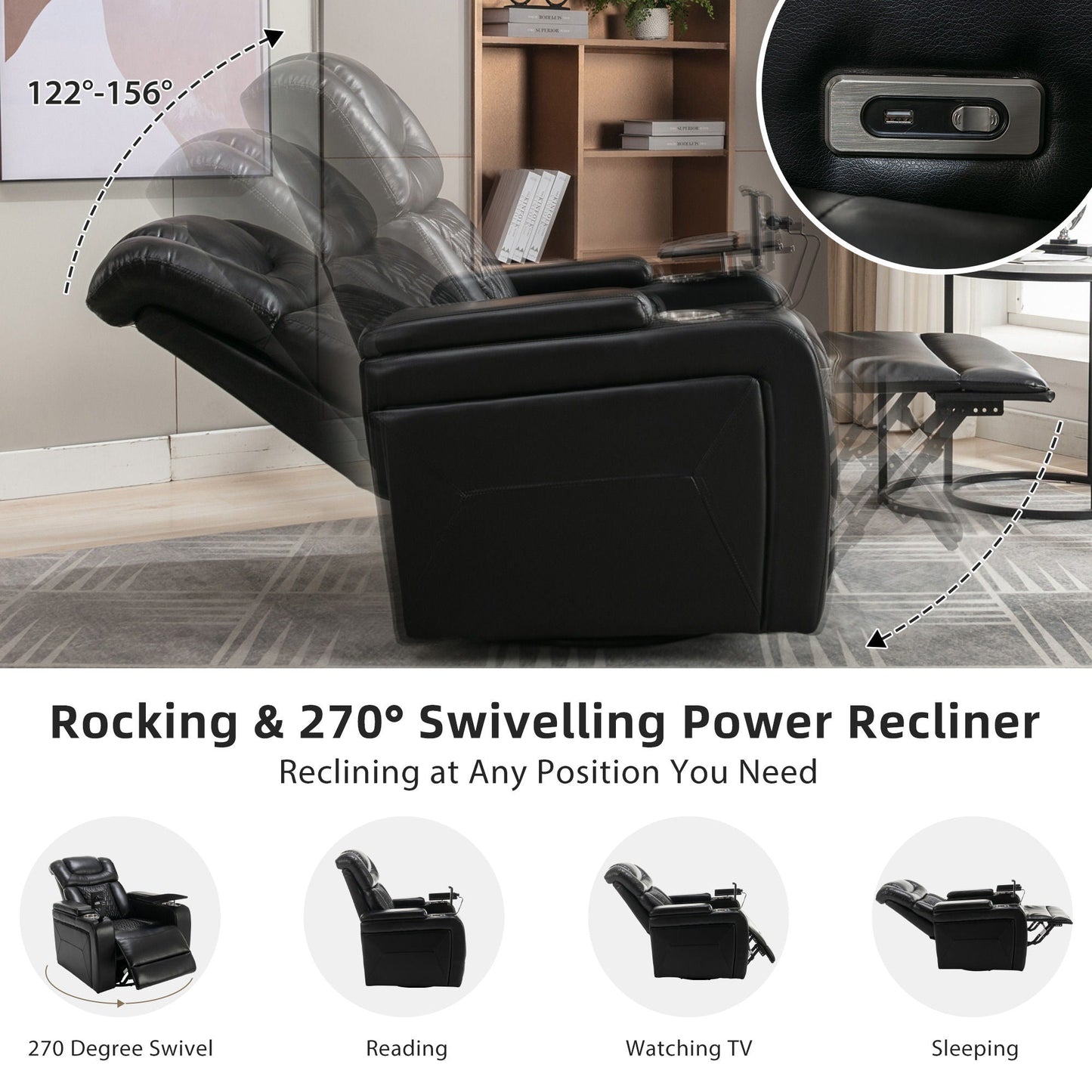 270 Degree Swivel Power Recliner With Tray Table, Phone Holder, Cup Holder, USB Port Hearth and Haven