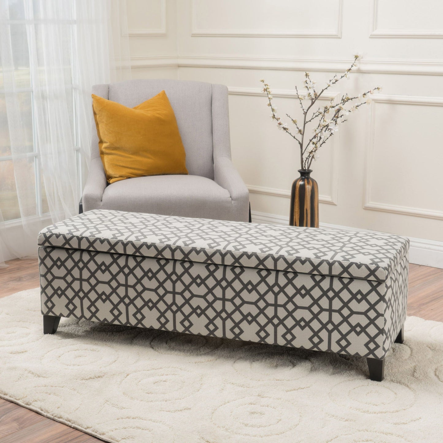 Quotient - Upholstered Storage Ottoman With Tapered Block Feet - Gray / White Noble House