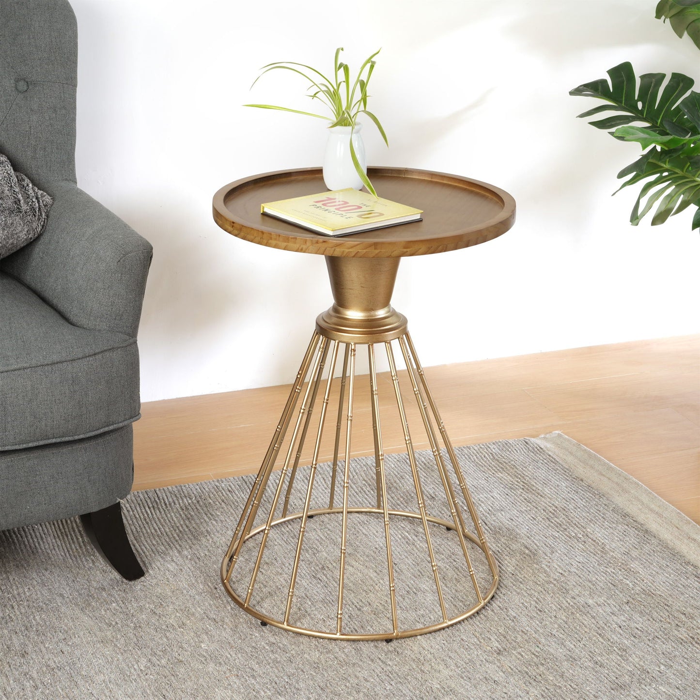 Hollow - Edge Retro Art Pine Side Table With Antique And Natural Color, Iron And Pine Construction - Antique Gold / Natural Noble House
