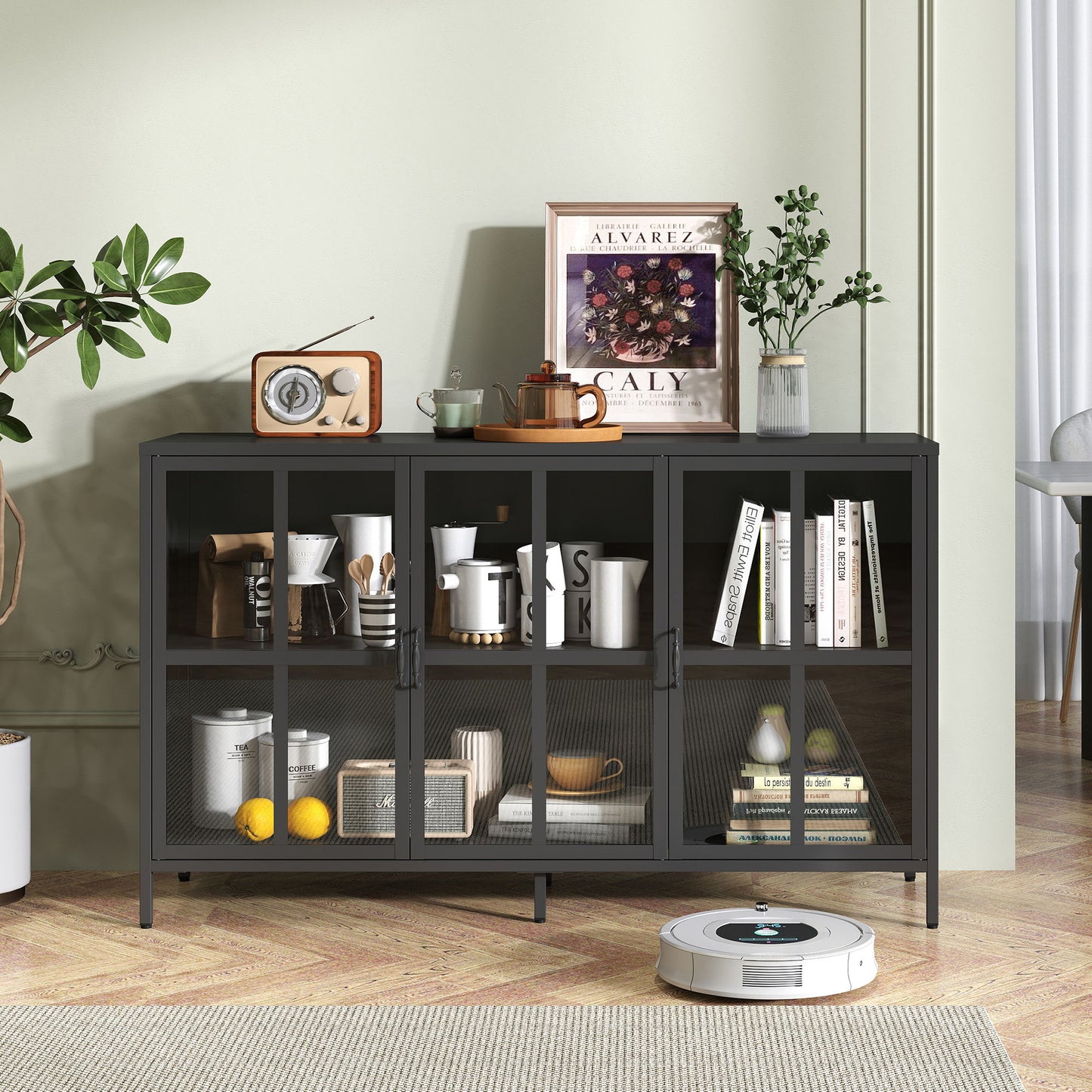 Modern Heavy Duty Metal Sideboard Buffet Cabinet With Storage, Adjustable Feet, Glass Doors, Steel - Black Home Essentials