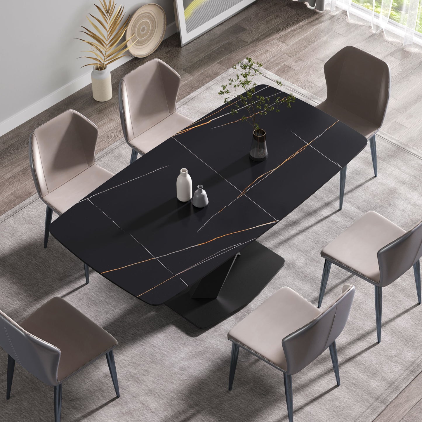 70.87" Modern Artificial Stone Black Curved Black Metal Leg Dining Table, Can Accommodate 6-8 People - Black Home Essentials