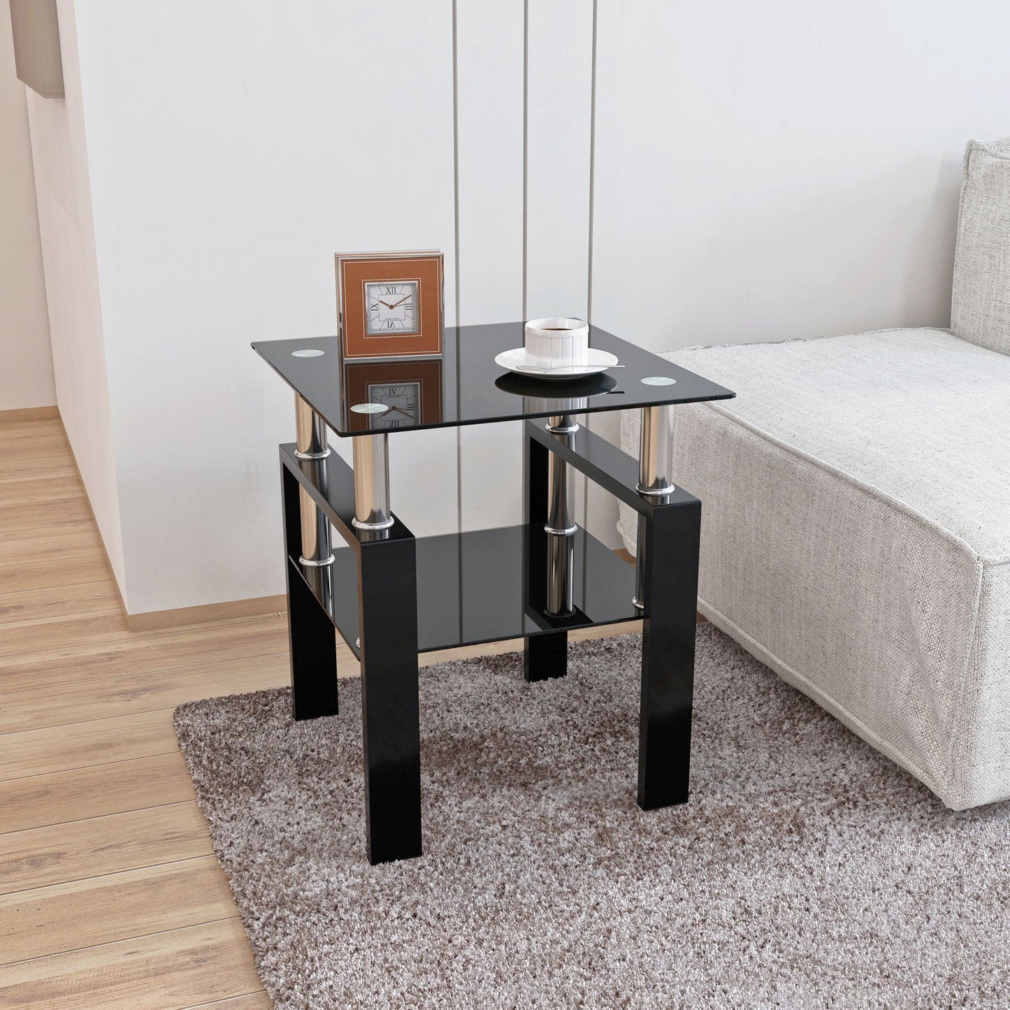 Modern Tempered Glass Tea Table, End Square Table For Living Room - Black Home Essentials