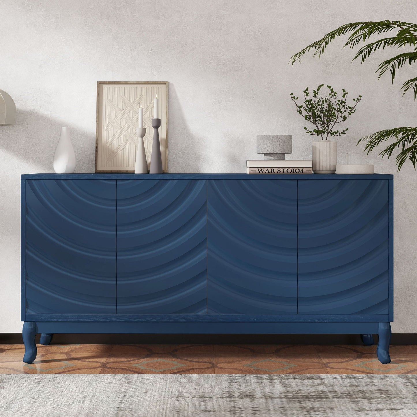 Elegant Sideboard With Sophisticated Wavy Pattern Doors And Arched Groove Design, Adjustable 4 Door Layout Home Essentials