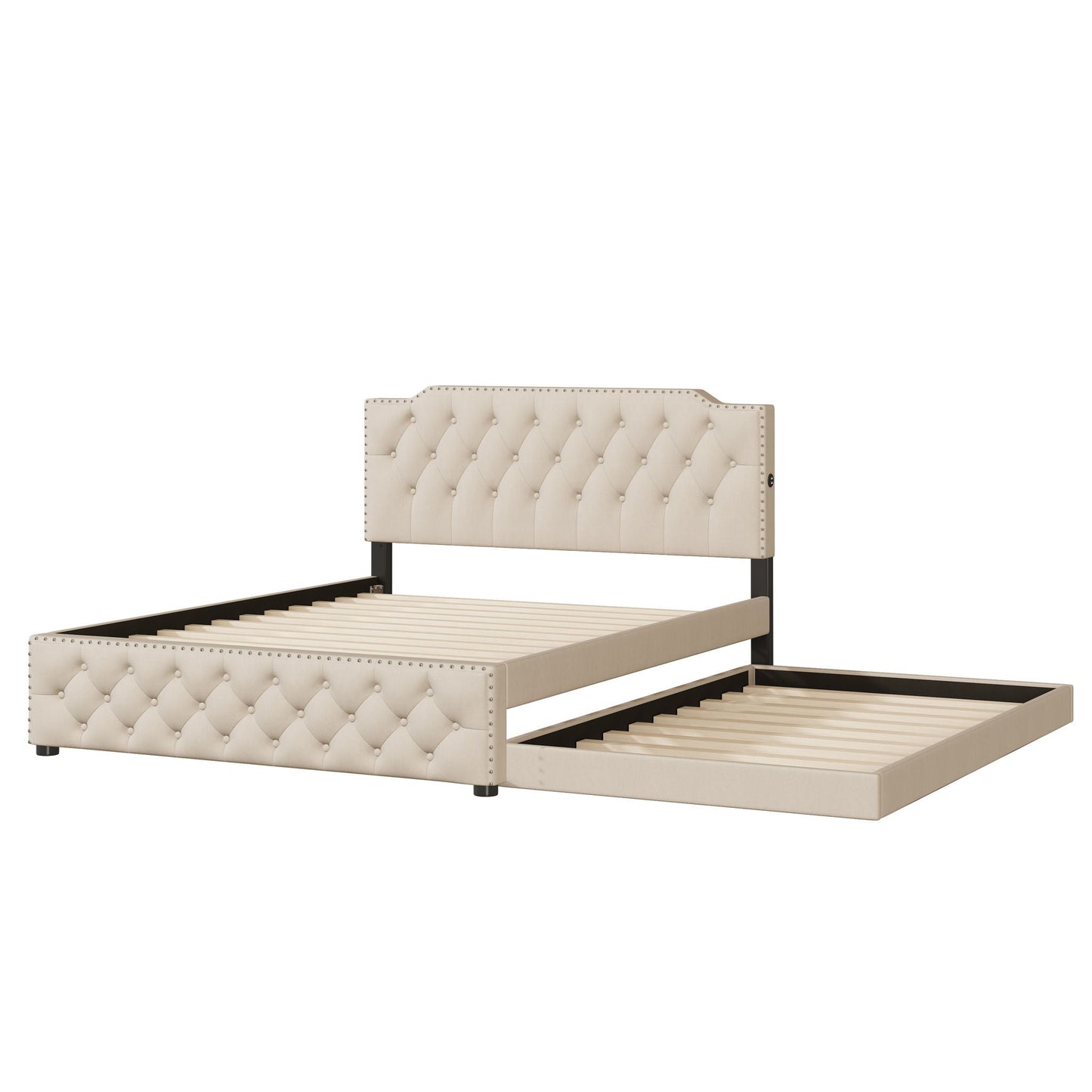 Upholstered Platform Bed With Trundle And 2 Sets Of USB Ports On Each Side, Linen Fabric Halcyon Home