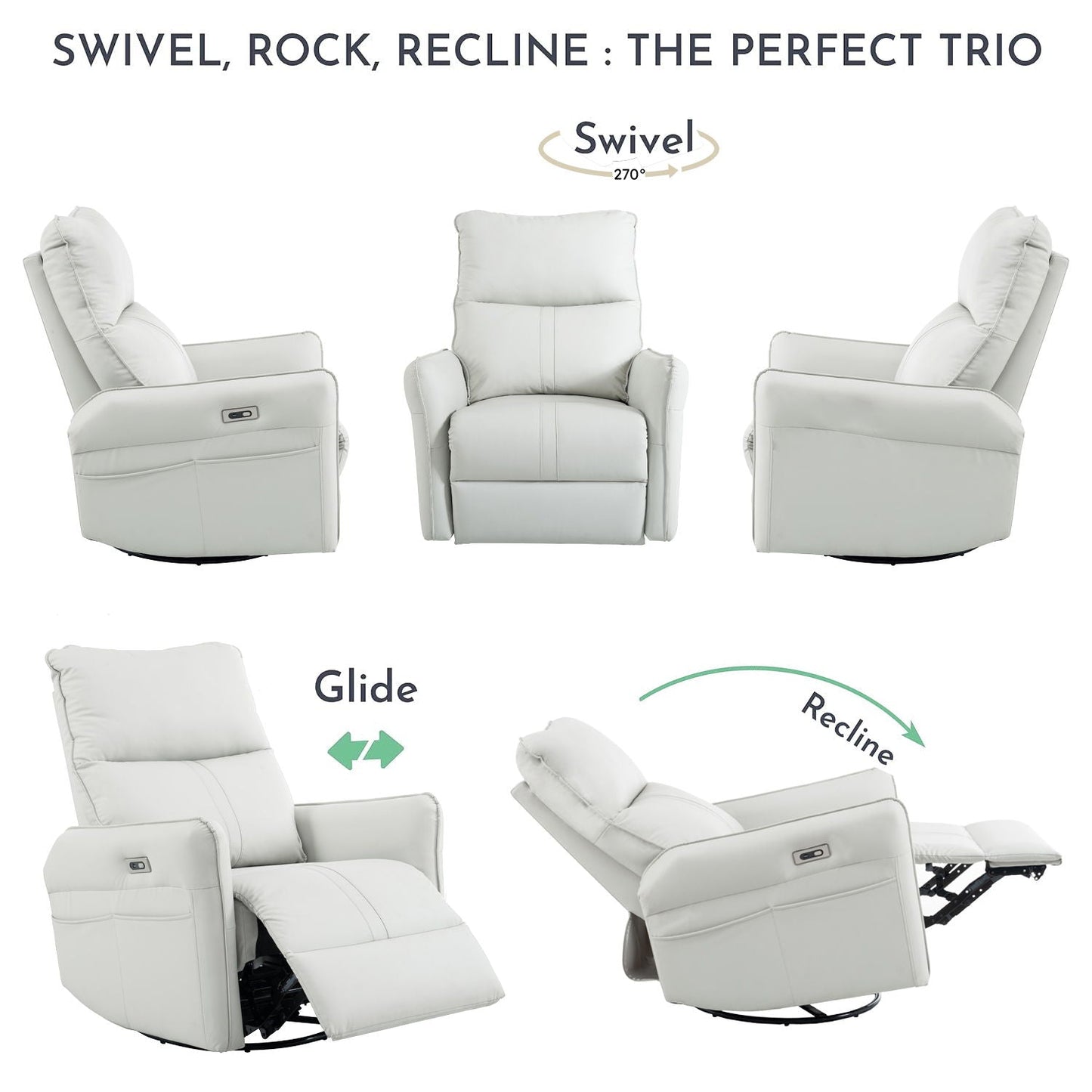 29.92" 270 Power Swivel Rocker Recliner Chair, Electric Glider Reclining Sofa With USB Ports, Power Swivel Glider, Rocking Chair Nursery Recliners For Living Room Bedroom Home Essentials