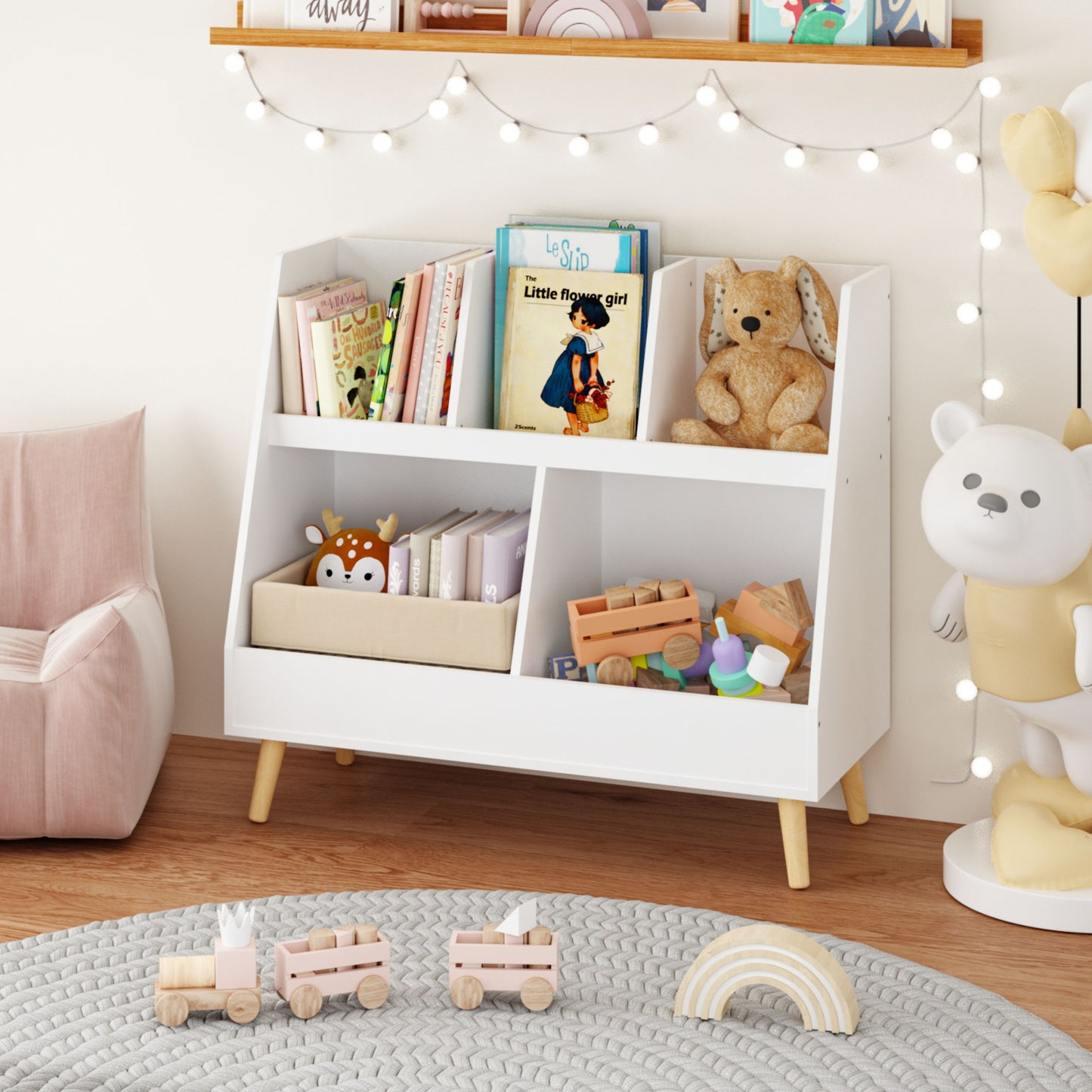 Kids Bookshelf And Toy Organizer, 5 Cubbies Wooden Open Bookcase, 2-Tier Baby Storage Display Organizer With Legs, Free Standing For Playing Room, Bedroom, Nursery, Classroom - White Home Essentials