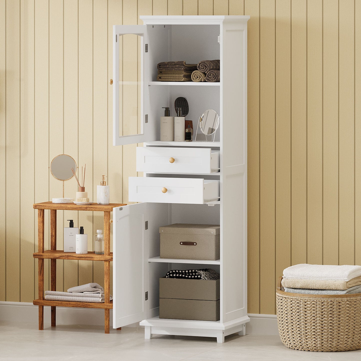 Tall Bathroom Storage Cabinet With Glass Doors, Free-Standing, Two Drawers, And Adjustable Shelves, MDF Board, Painted Perfect For Displaying Your Favorite Items Hearth and Haven