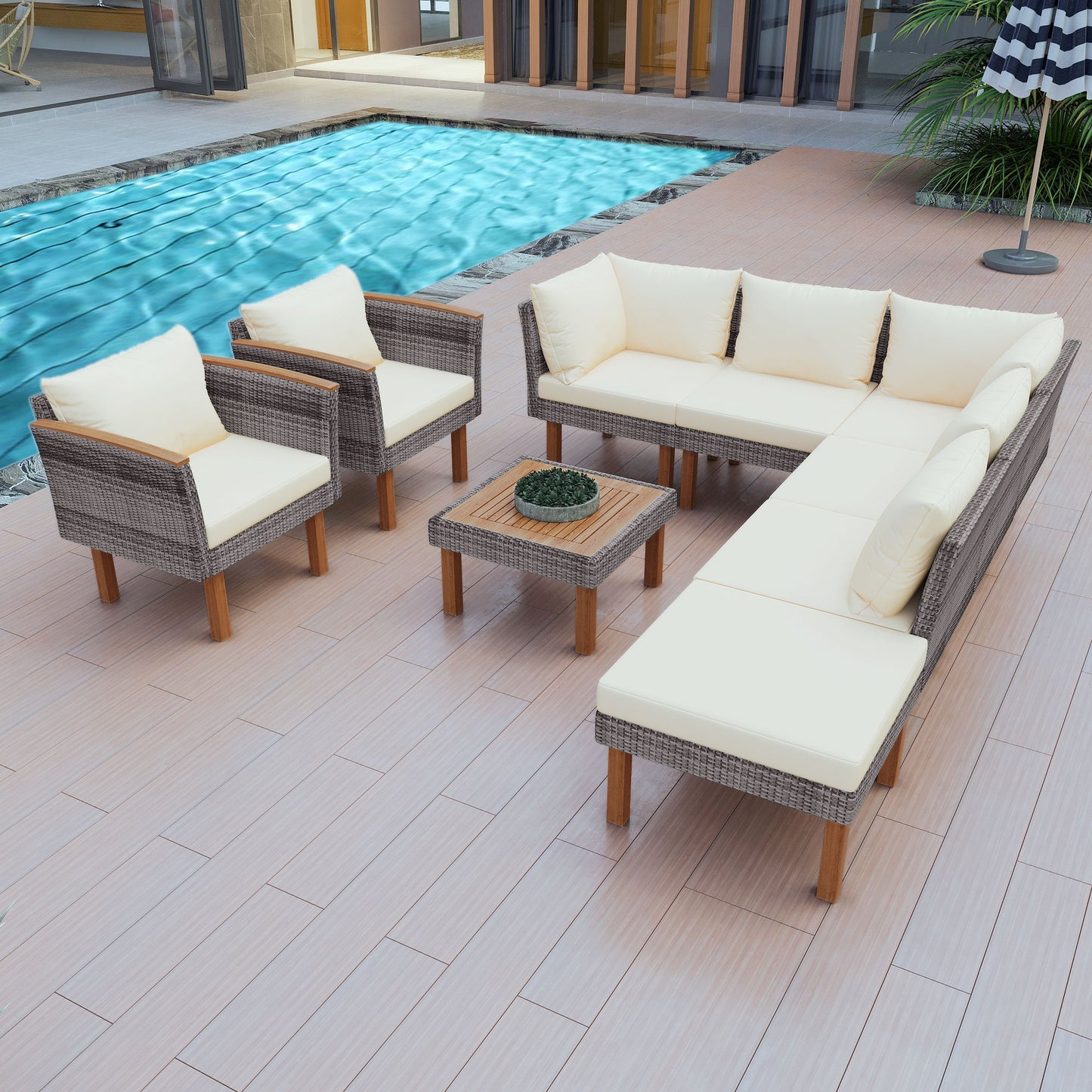 9 Piece Patio Rattan Furniture Set, Outdoor Conversation Set With Acacia Wood Legs And Tabletop, PE Rattan Sectional Sofa Set With Coffee Table, Washable Cushion Hearth and Haven