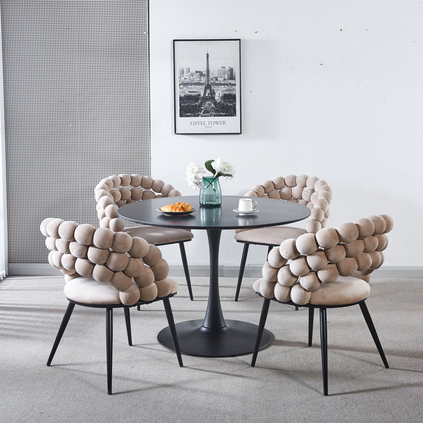 Modern Chair With Golden Color Iron Tube Legs, Soft Cushions And Comfortable Backrest, Suitable For Dining Room, Living Room, Cafe, Hairball Back Home Essentials