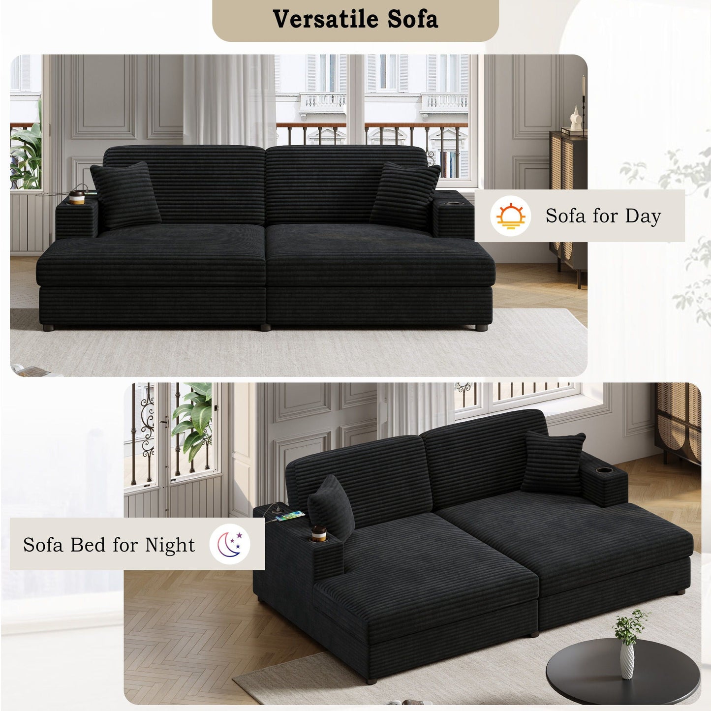 Oversized Loveseat Chaise With 2 USB Ports, 2 Cup Holders And 2 Throw Pillows Hearth and Haven